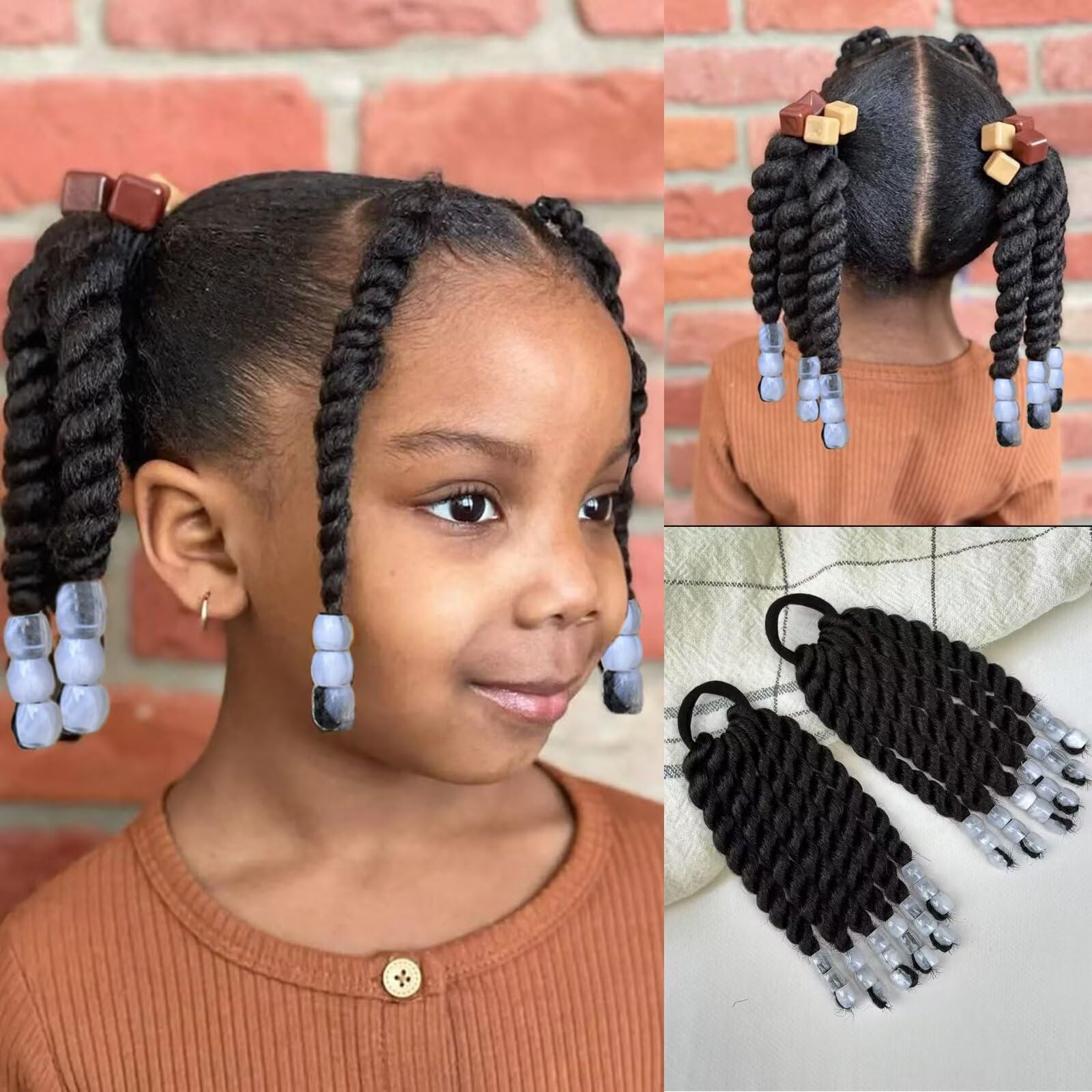 YOROSTAR Kids Ponytail Extension With Beads 6inch 2 Pieces Two-Strand Twists Hairstyles for Kiddies Protective Braided Hairstyles for Black Girls(
