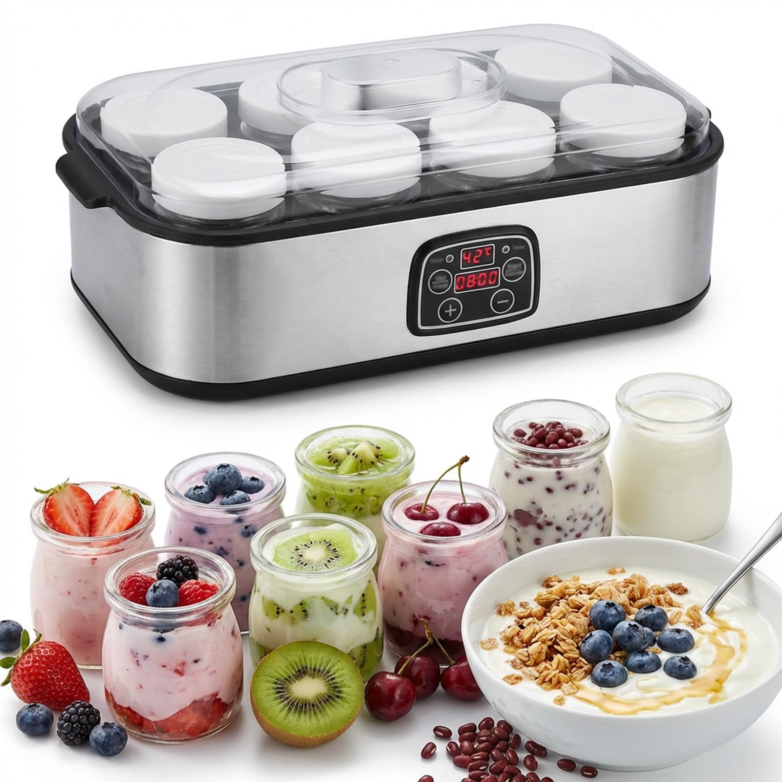 Yaourtière Électrique 1,44 L avec 8 Pots en Verre