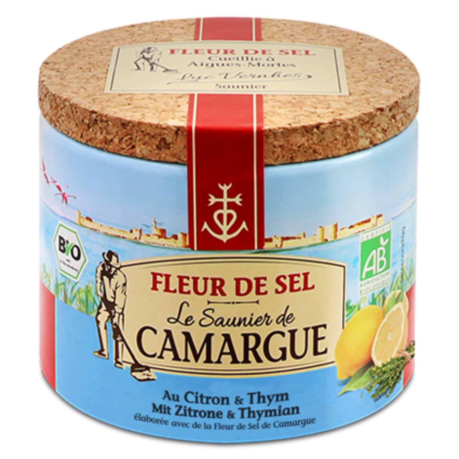 Le Saunier De Camargue Salt, Fleur de Sel, Lemon and Thyme Salt Flakes for Seasoning, Round Box, 125g