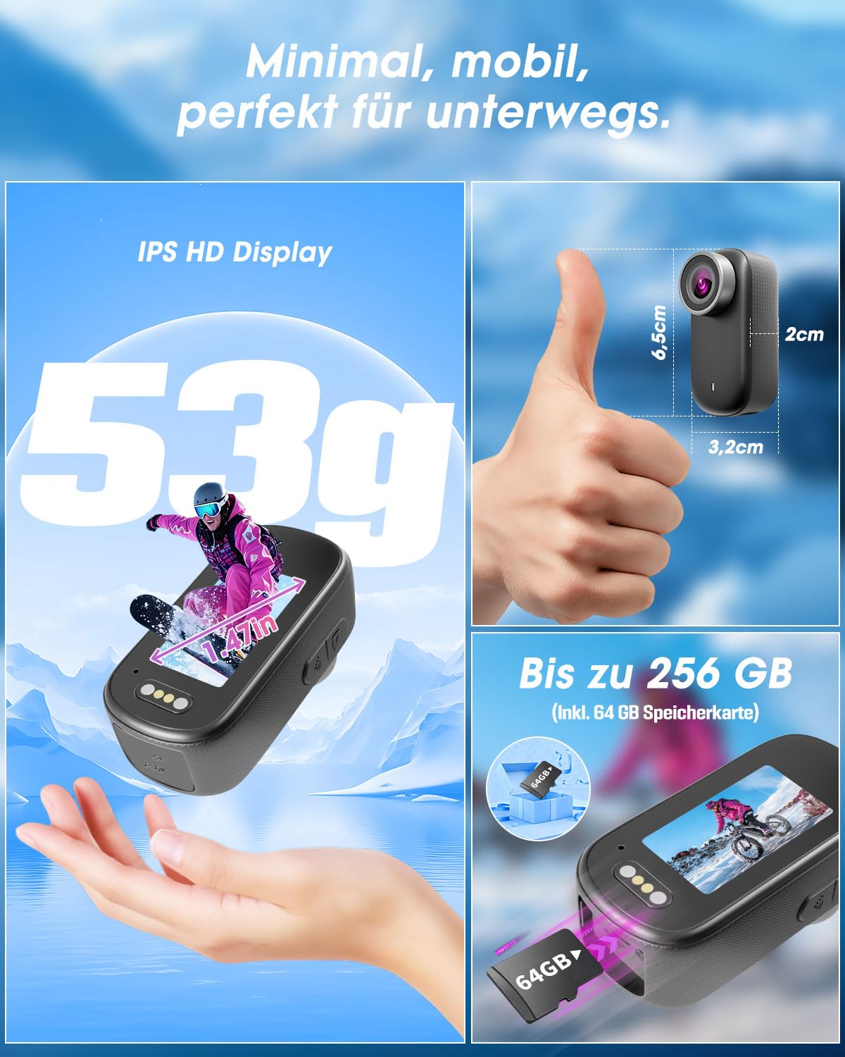 Mini Action Cam 4K NEU Upgraded, Body Cam mit 64GB SD Karte, Wasserdicht 30M, 180 Min Akkulaufzeit, 150° Weitwinkel & 1,47 Zoll Display Vlog Kamera für Radfahren, Reisen und Haustiere