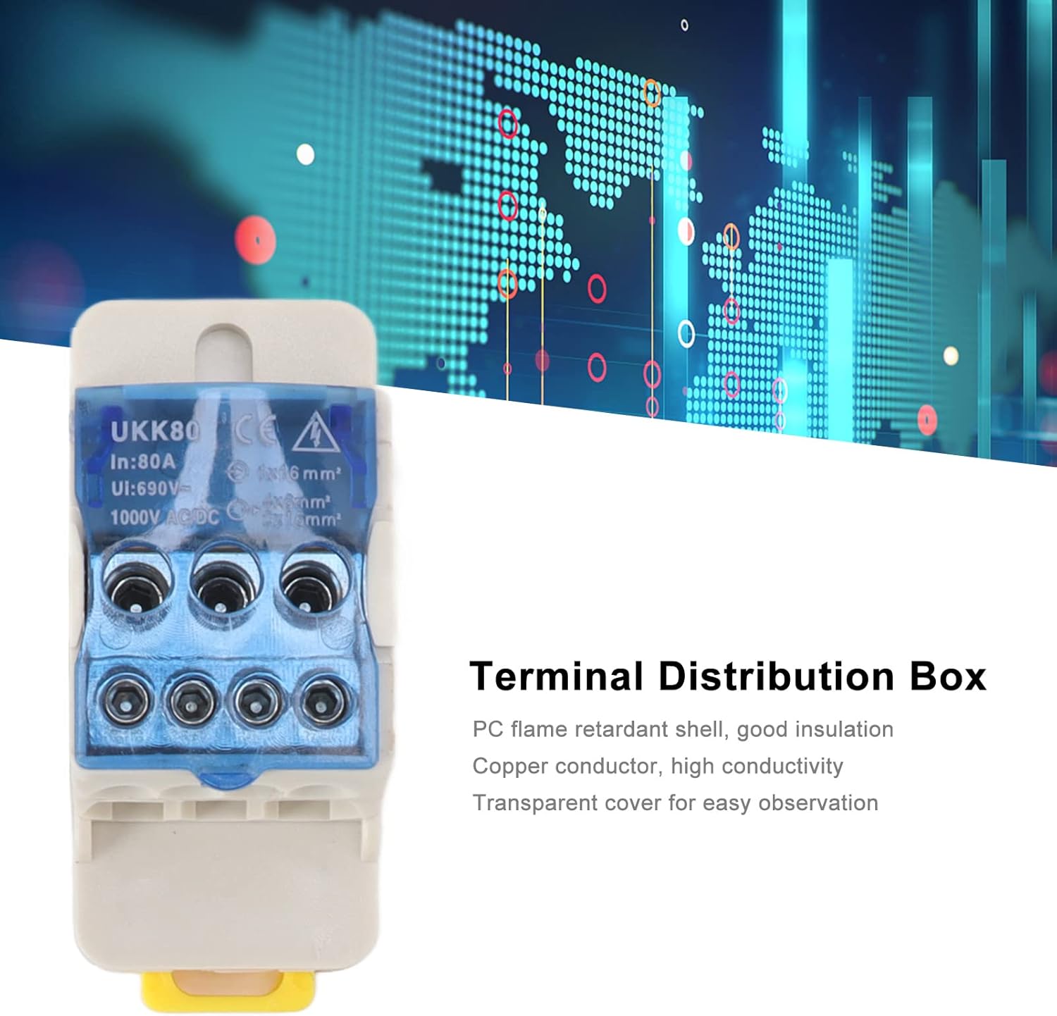 DIN Rail Electrical Box - Circuit Breaker Box - Plastic Transparent Cover Distribution Box Enclosure with Copper Conductor - PC Material - DC1000V (80A)