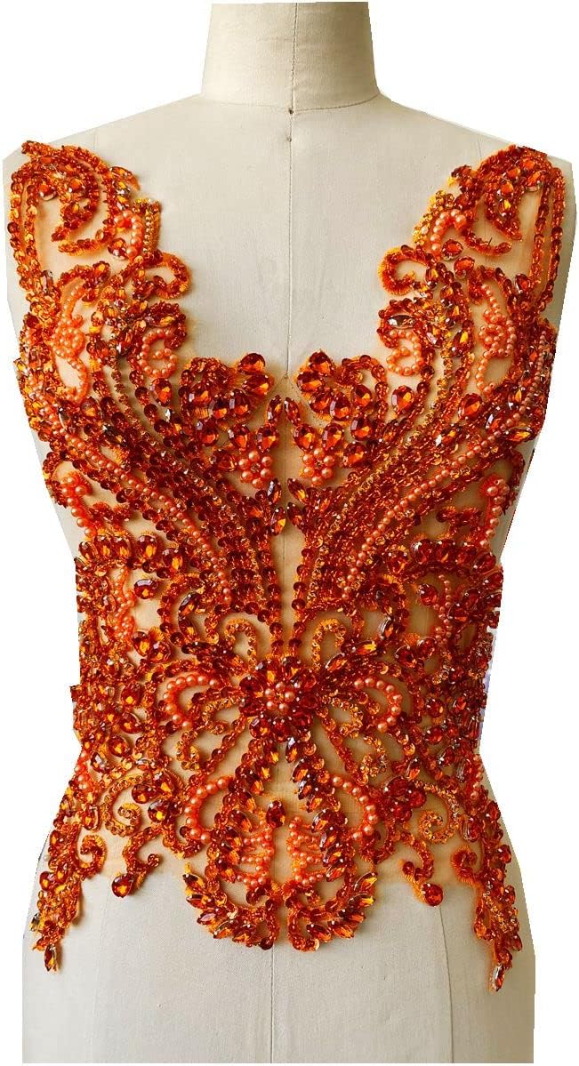 Handmade 16 colour rhinestones lace bodice applique sew on beads sequins trimming patches for dress clothing accessories (Orange)