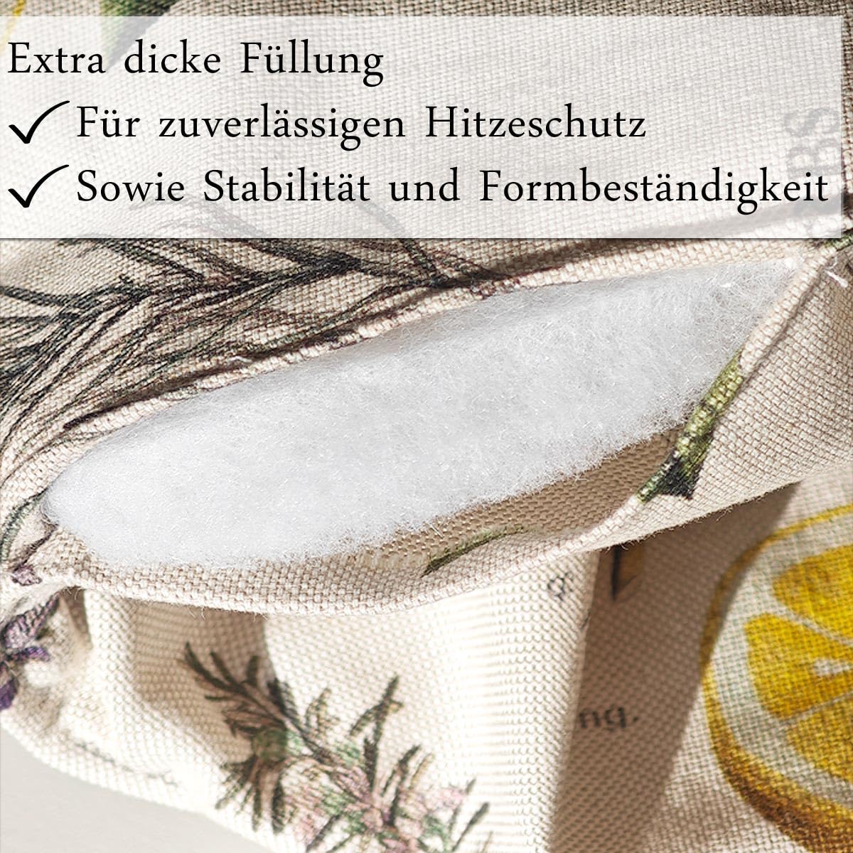 Topflappen Kräutercharme Liora – hochwertiger Hitzeschutz im 2er Pack | dick gefütterter Untersetzer mit Zitronen und Küchen-Kräutern | 2 quadratische Küchenhelfer in Leinen-Optik