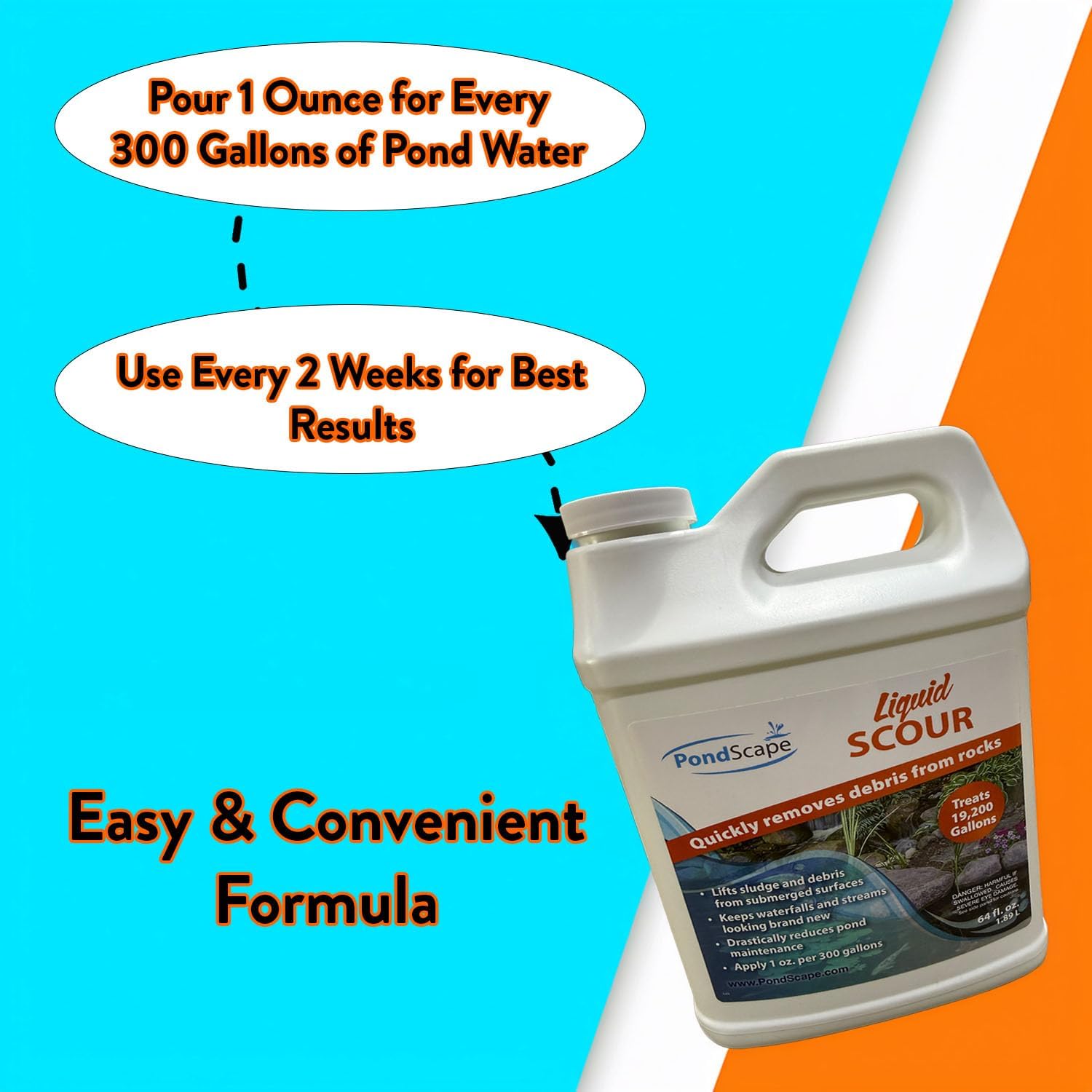 Pondscape Liquid Scour Pond Cleaner – Oxygen Based Solution, Improves Water Clarity and Reduces Maintenance, Suitable for Koi Ponds, Water Gardens & Streams, Safe for Use with Fish and Wildlife (1gal)
