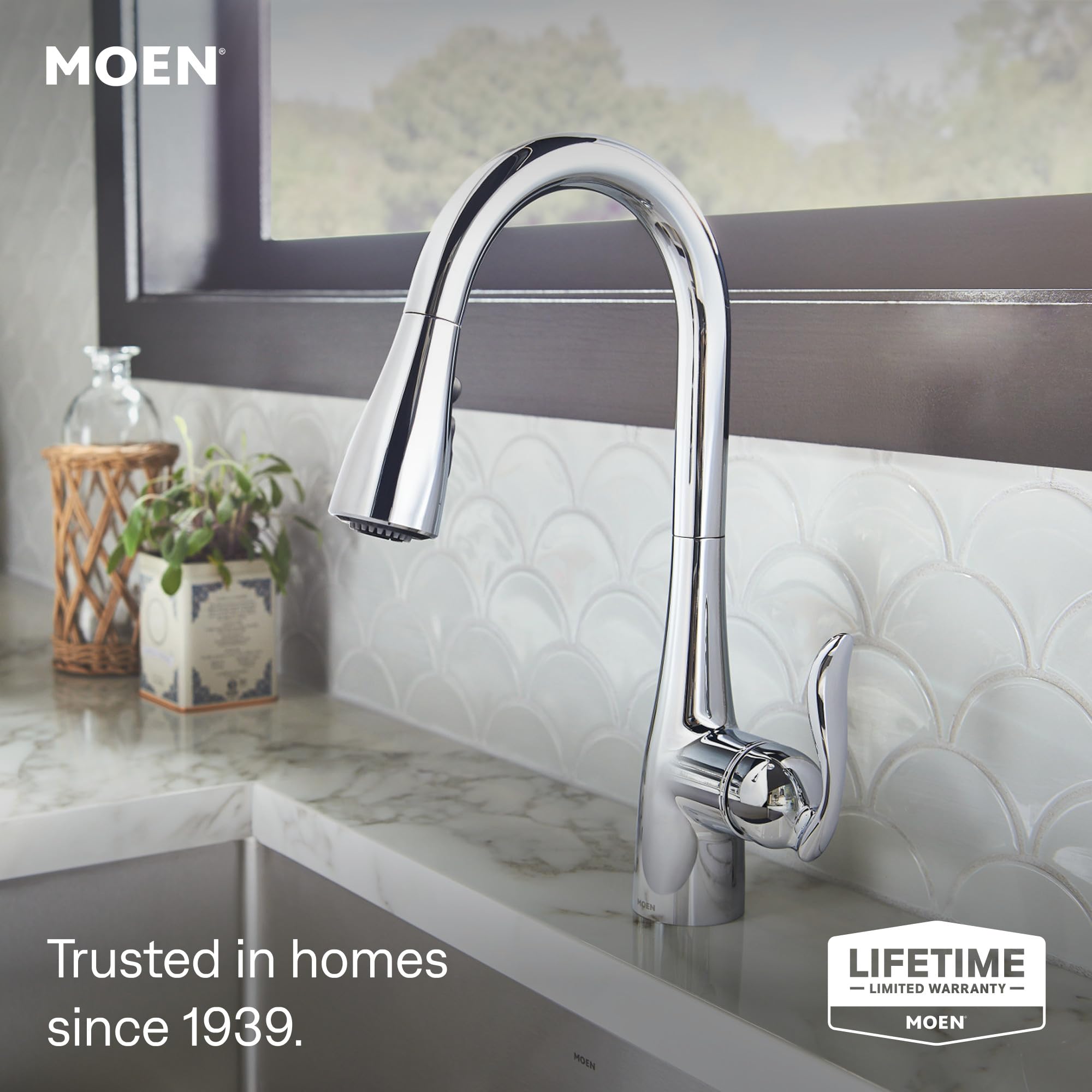 (Standard, Kitchen Faucet, Chrome) - Moen 7594C Arbour One-Handle Pulldown Kitchen Faucet Featuring Power Boost and Reflex, Chrome