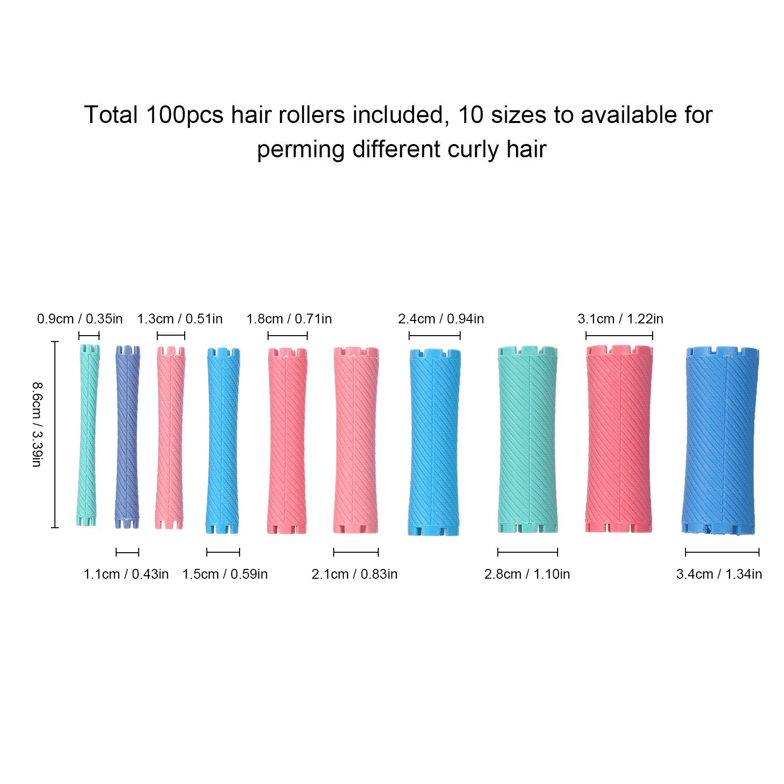 Set di 100 bigodini per capelli in 10 dimensioni, per salone, arricciacapelli, per donne e ragazze, materiale ABS, sicuro, riutilizzabile, lavabile, leggero, antiscivolo, facile da usare, a casa