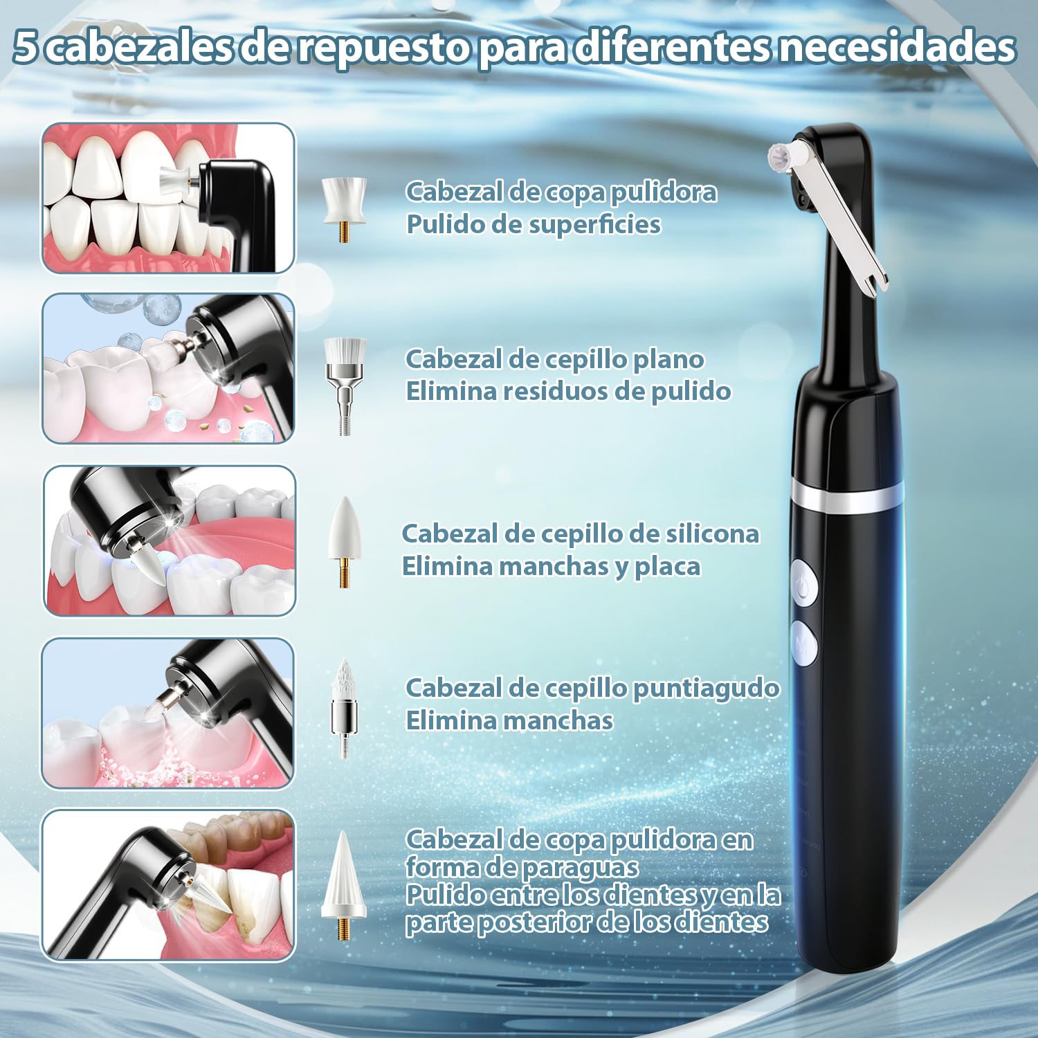 Kit Pulidor Dental Recargable para Limpieza y Blanqueamiento Dental, limpiador de sarro dental con 5 Cabezales, 5 Velocidades, Luz LED, quita sarro dental y manchas, IPX6 Resistente al Agua - 3