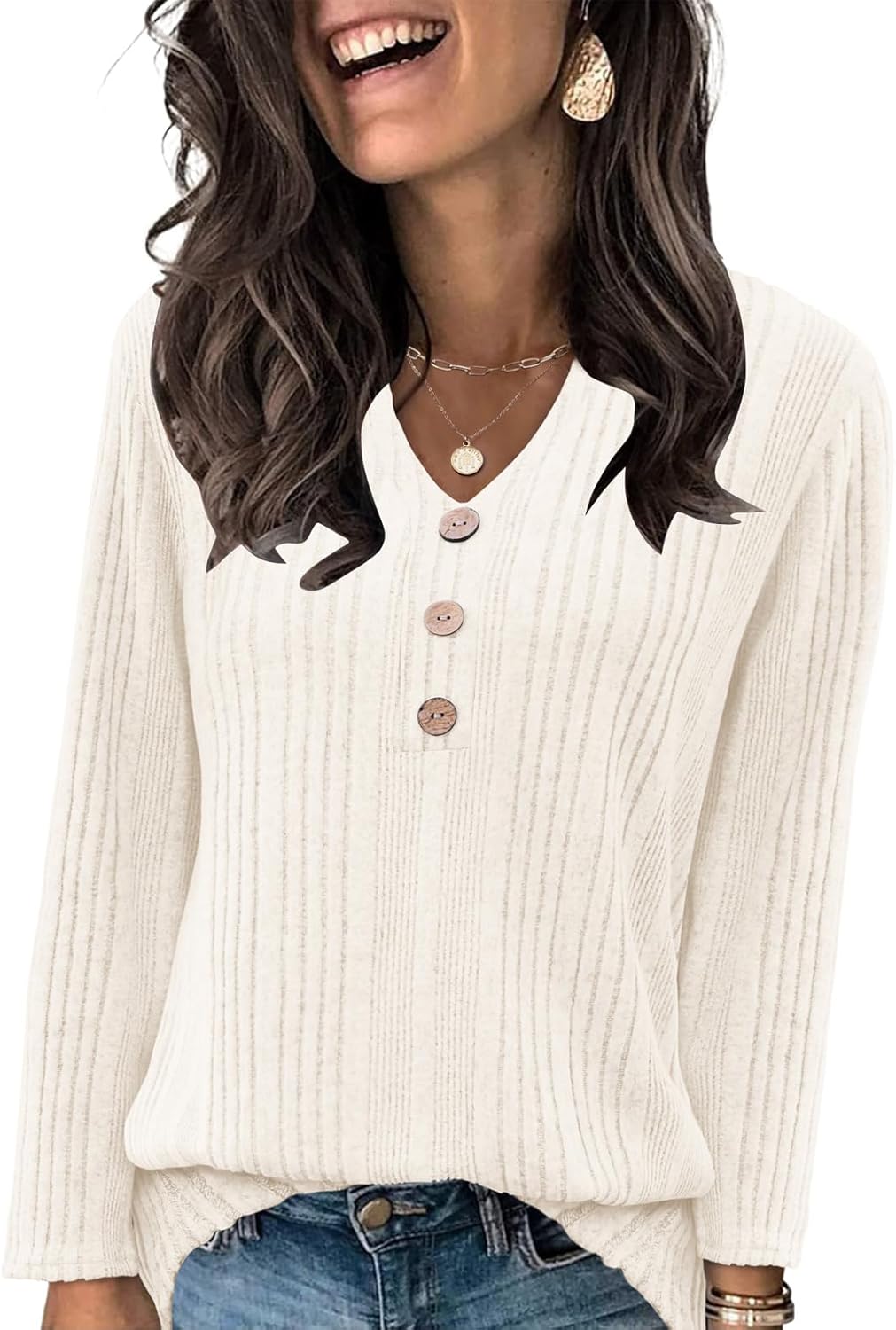 VUTRU Long Sleeve Top for Women Henley Shirts Tunic Sweater Knit Fall Casual V Neck Pullover Loose Fit Dressy with Leggings