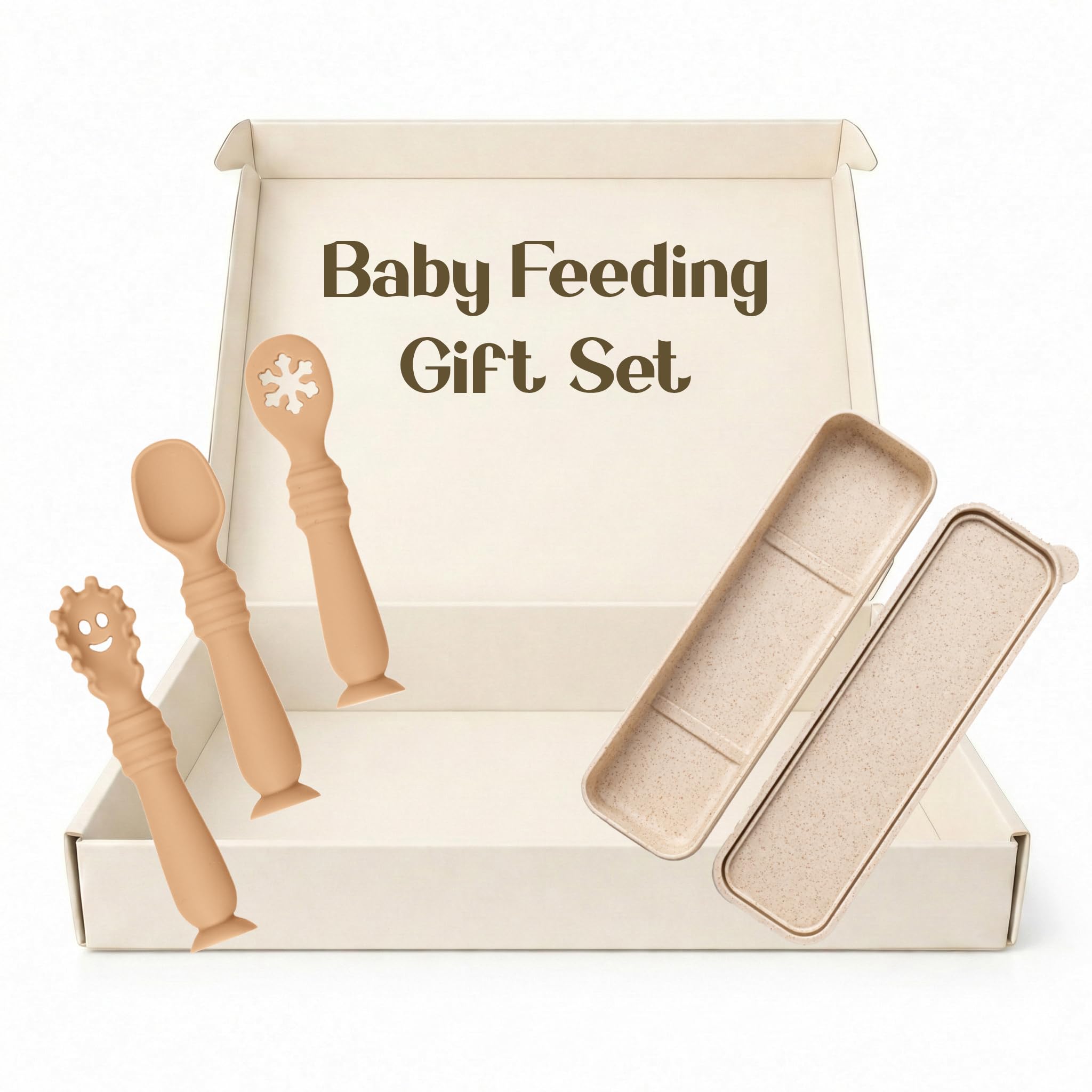 Bornealand BLW Baby Spoons with Suction Cup at the Base + Teether + Case, Includes Silicone Baby Spoon, Baby Learning Spoon and Baby Cutlery, Children's Cutlery, Colheres Bebe (Cream)