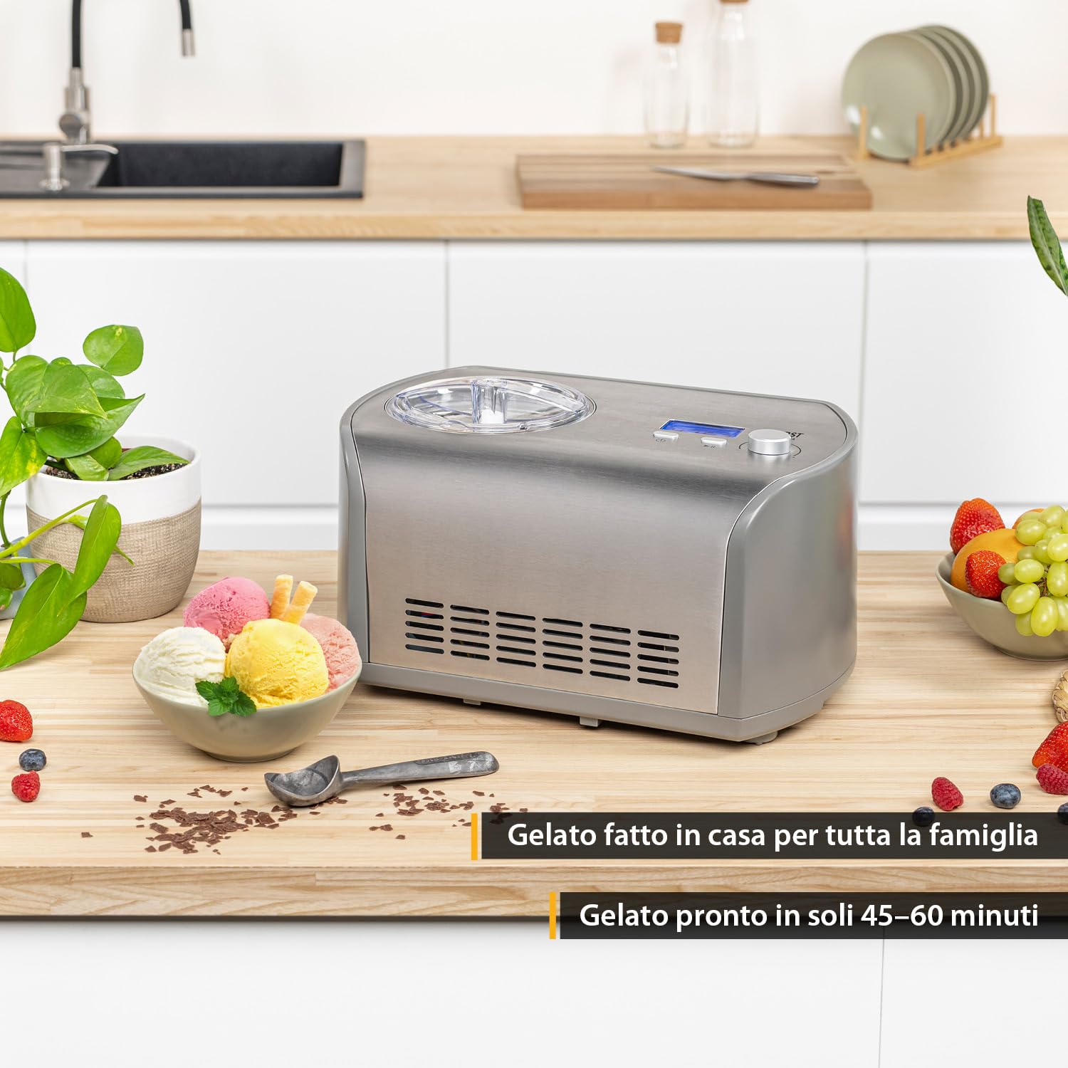 TZS First Austria Macchina per Gelato 1,2L - 135W - Compressore e Funzione Raffreddamento - Gelatiera per Gelato, Sorbetto o Frozen Yogurt - Cestello in Acciaio Inox - Grigio
