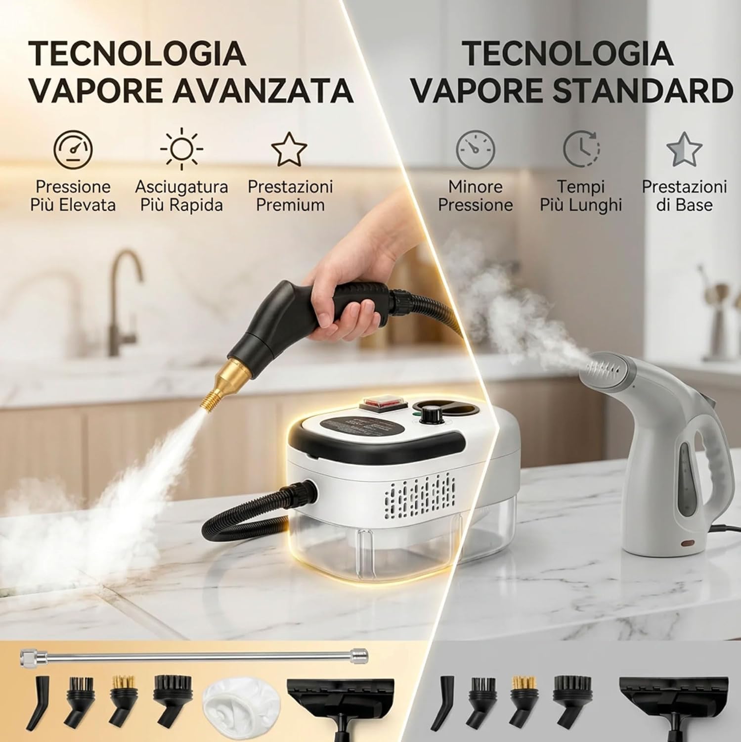 081 Store - Pulitore a Vapore 2500W Alta Pressione con 6 Livelli Di Regolazione, Serbatoio Grande da 1200ml, Vapore fino a 105°C, Kit Accessori Multifunzione per Pulizia Casa, Cucina, Bagno, Divani