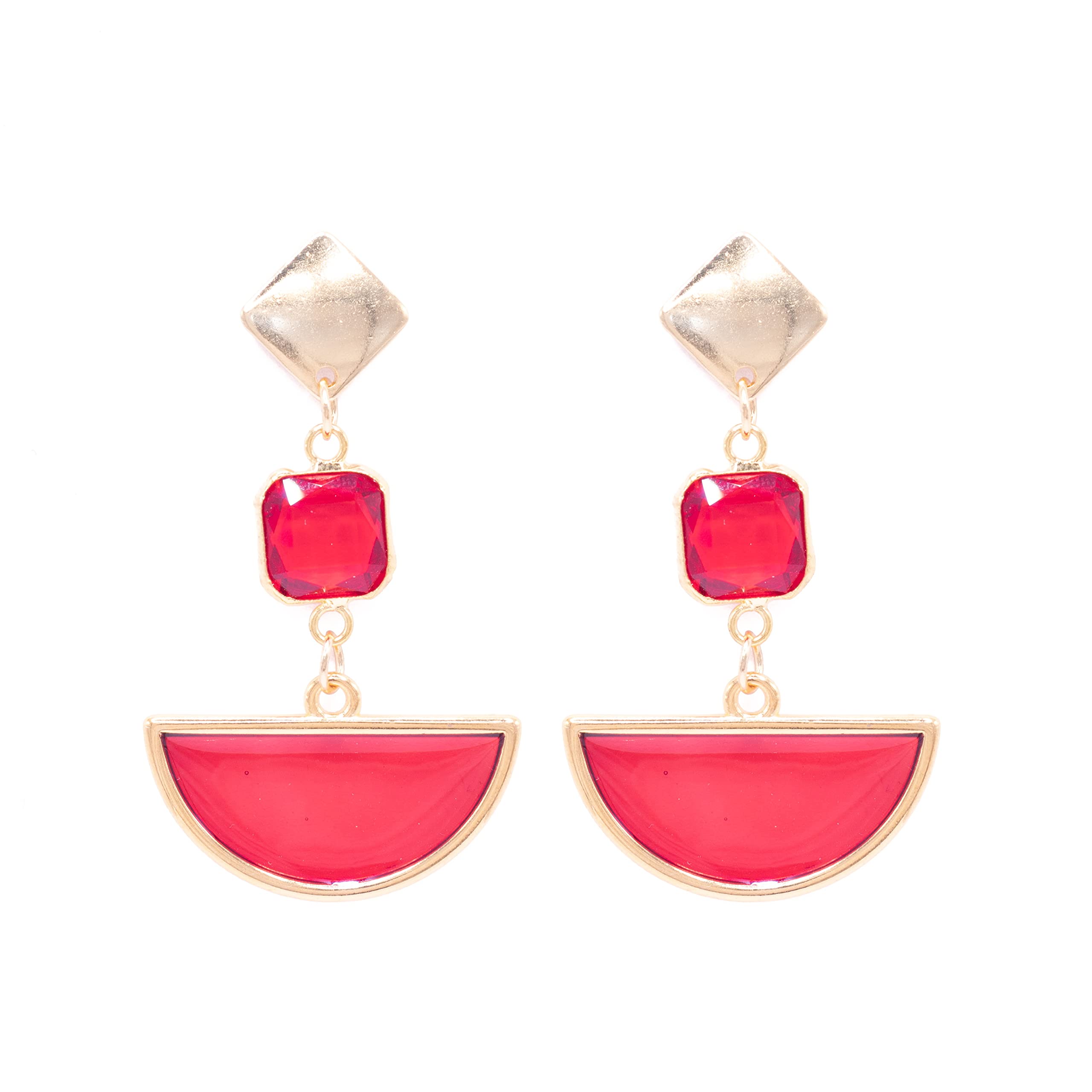 NILUXE DESIGN Pendientes mujer rojo zamak dorado - Pendiente esmaltado transparente - Pendientes mujer y botón rombo chapado oro - Bonitos para lucir e ideales para regalar(Rojo)
