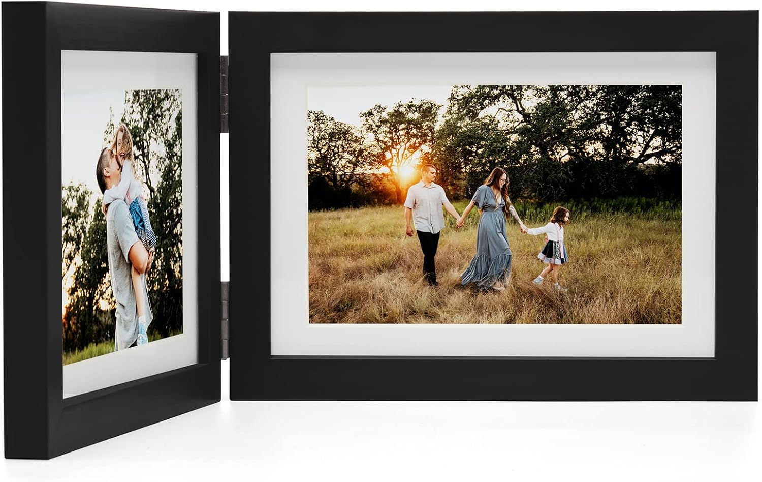 Double Horizontal Picture Frames Hinged Folding Photo Frames Poster Frames in Black Made of Pine Wood with Real Glass for Wall Hanging or Tabletop Standing, Display Pictures 4x6 with Mat or