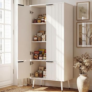 White Fluted 51" Tall Wooden Kitchen Pantry Storage Cabinet Food Organize with Adjustable Shelves, Modern Accent Cabinet Sideboard Buffet for Dining Room, Entryway, Bathroom, Home Office