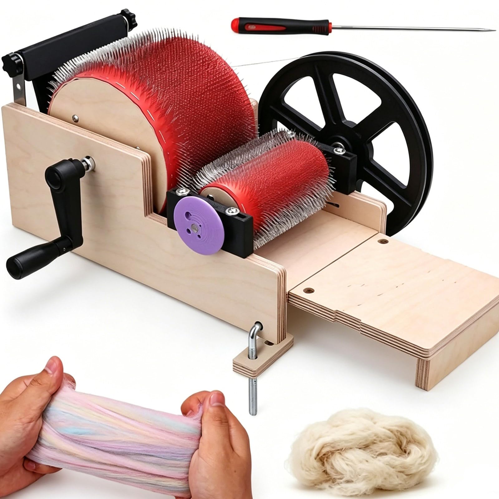 ZyKnaurral Wooden Hand Drum Carder,Dual Rollers Manual Fiber Combing Machine, Remove Fiber Impurities & Fast Color Mixing for Beginner DIY Craft Felt Making 12cm