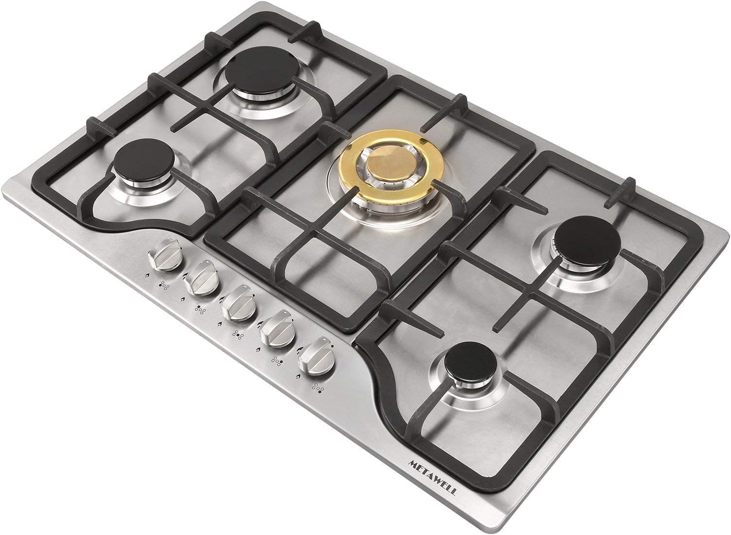 30 Inch Gas Cooktop 5 Burners Gas Stoves Gas Hob Stove Top 304 Stainless Steel Cooktop Cast Iron Grates Built-in Gas Stove Top LPG/NG Gas Cooktop Thermocouple Protection with Gold Central Circle Plate