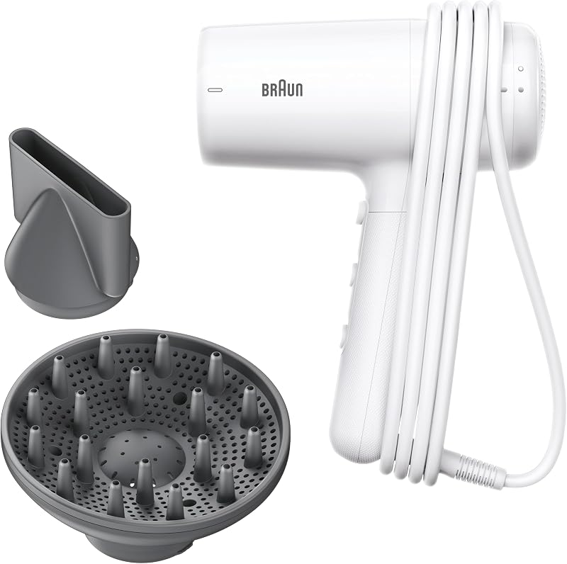 Braun Hair Dryer HD2.21 - Lightweight Hair Dryer with Diffuser and Styling Nozzle for All Hair Types, IONTEC Technology, 2200 W, 3 Temperatures and 2 Speeds, White, BRHD226E