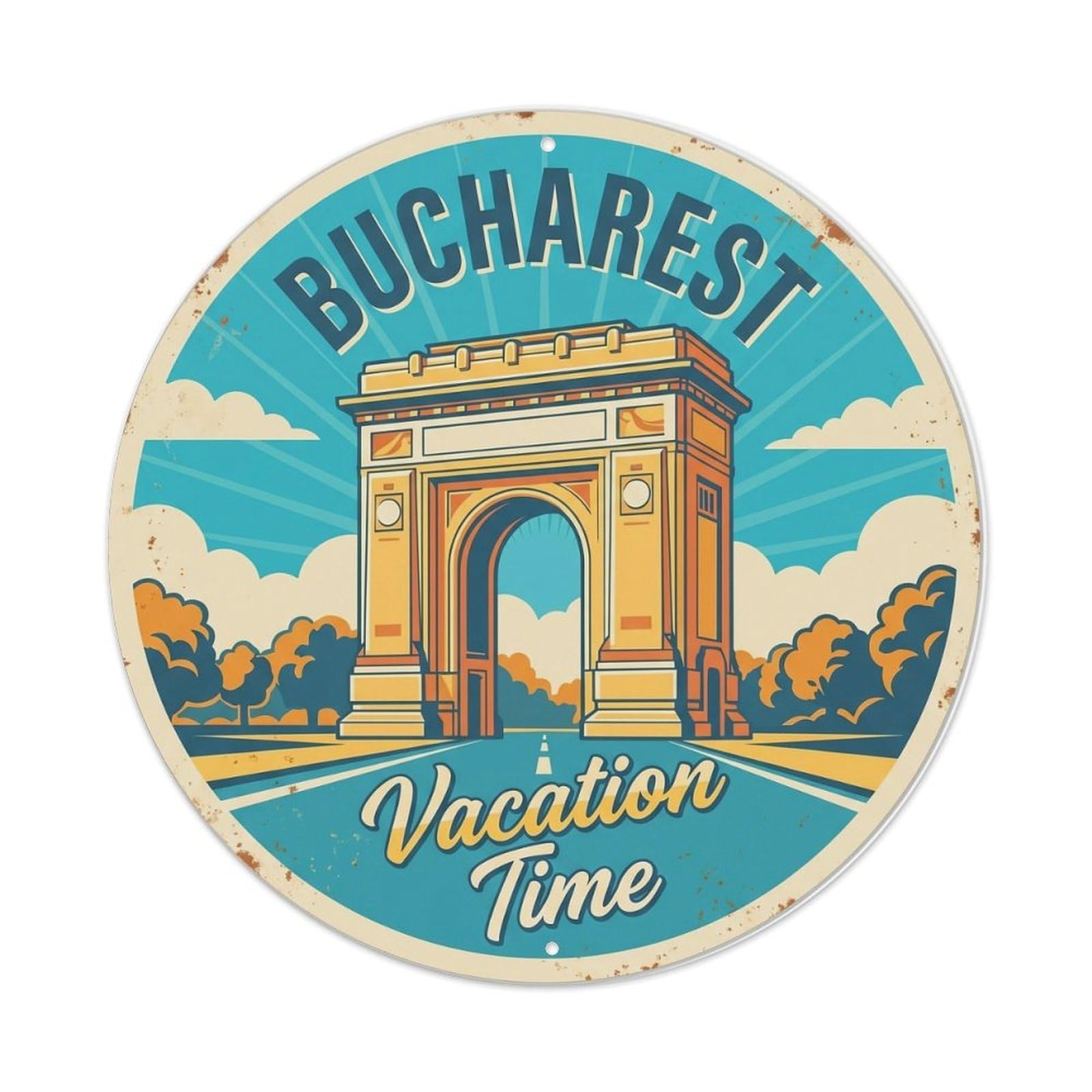 Vintage Travel Bucharest Triumph Vacation Metal Tin Sign