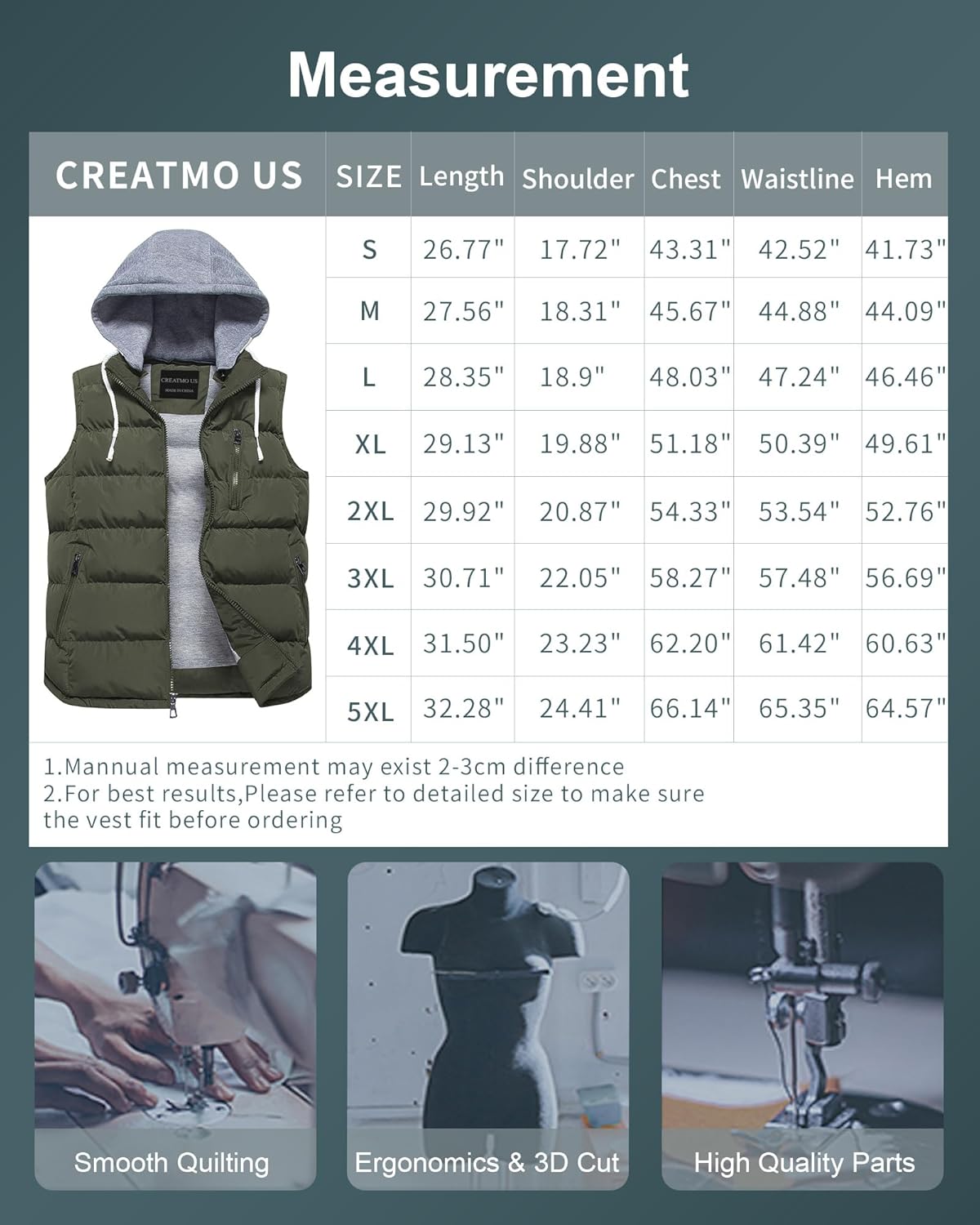 CREATMO US Men's Outdoor Winter Vest Outerwear Removable Hooded Padded Puffer Sleeveless Vest - Image 7