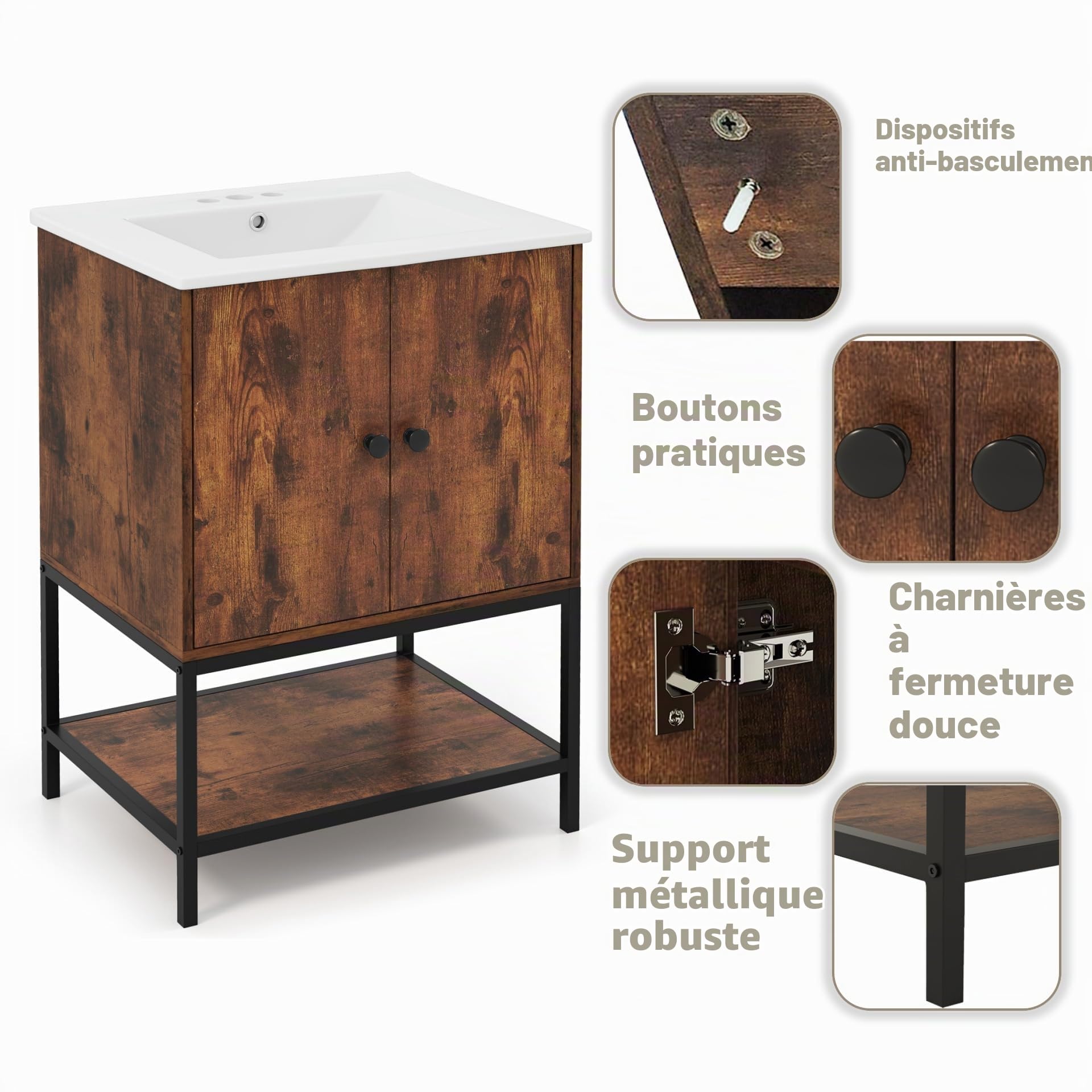 LIFEZEAL Meuble de Salle de Bain avec Lavabo, 61x46,5x87 Cm, Armoire de Salle de Bain avec Vasque en Céramique, Meuble WC Rangement avec Cadre en Fer, Vintage Brown