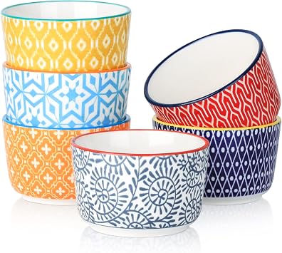 Selamica Ceramic Ramekins 4 Oz, Creme Brulee Ramekins Oven Safe, Souffle Custard Dishes/Cups for Baking, Mini Bowls for Pudding Ice Cream Dip, Set of 6, Assorted Colors