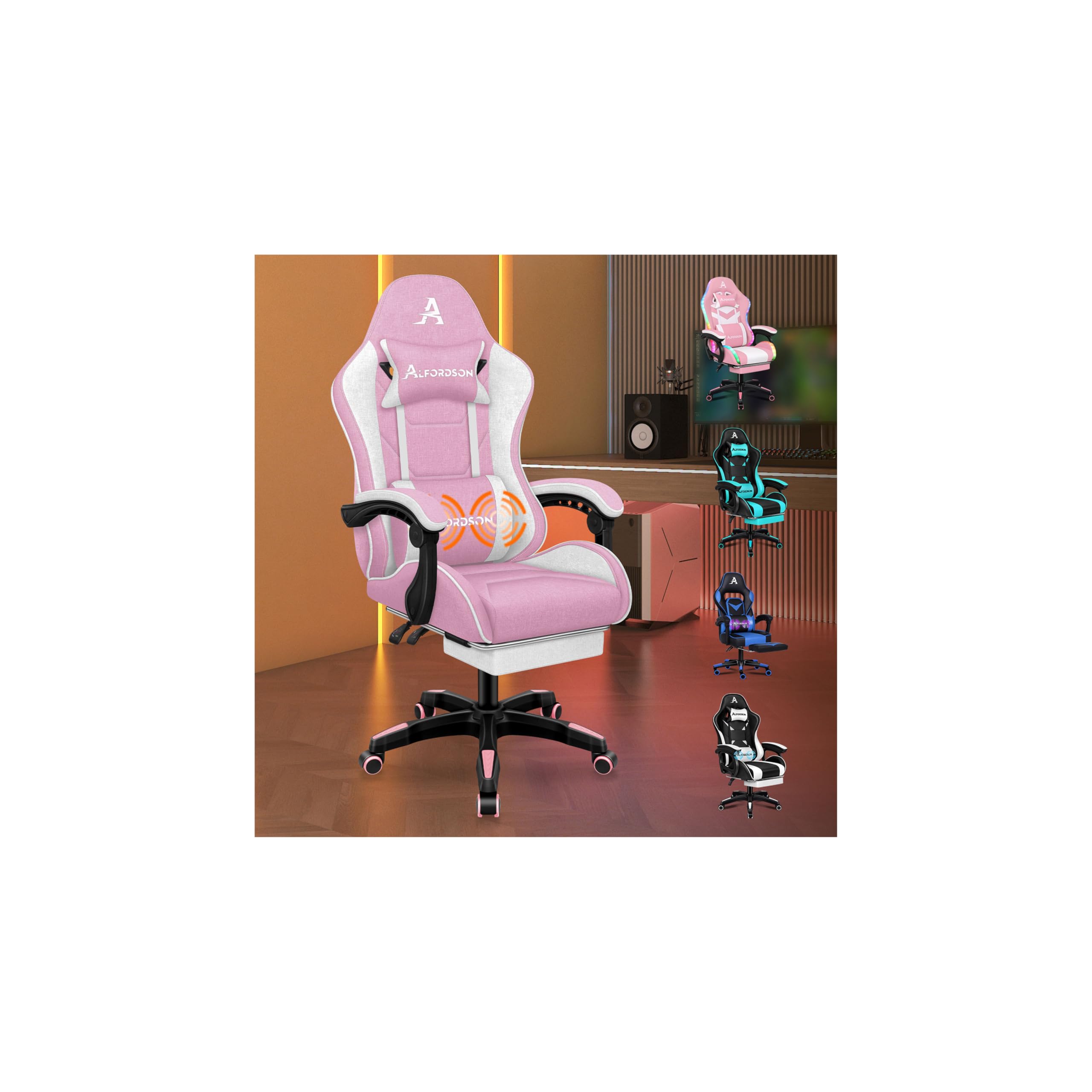 ALFORDSON Silla Gaming Ergonómica con Masaje, Silla Gamer de Oficina con Lumbar Massaggiante, Reposapiés Retráctil,Altura Ajustable,Asiento Cómodo,Reclinable 150°,Soporta 180 kg, Lino(Blanca y Rosa)