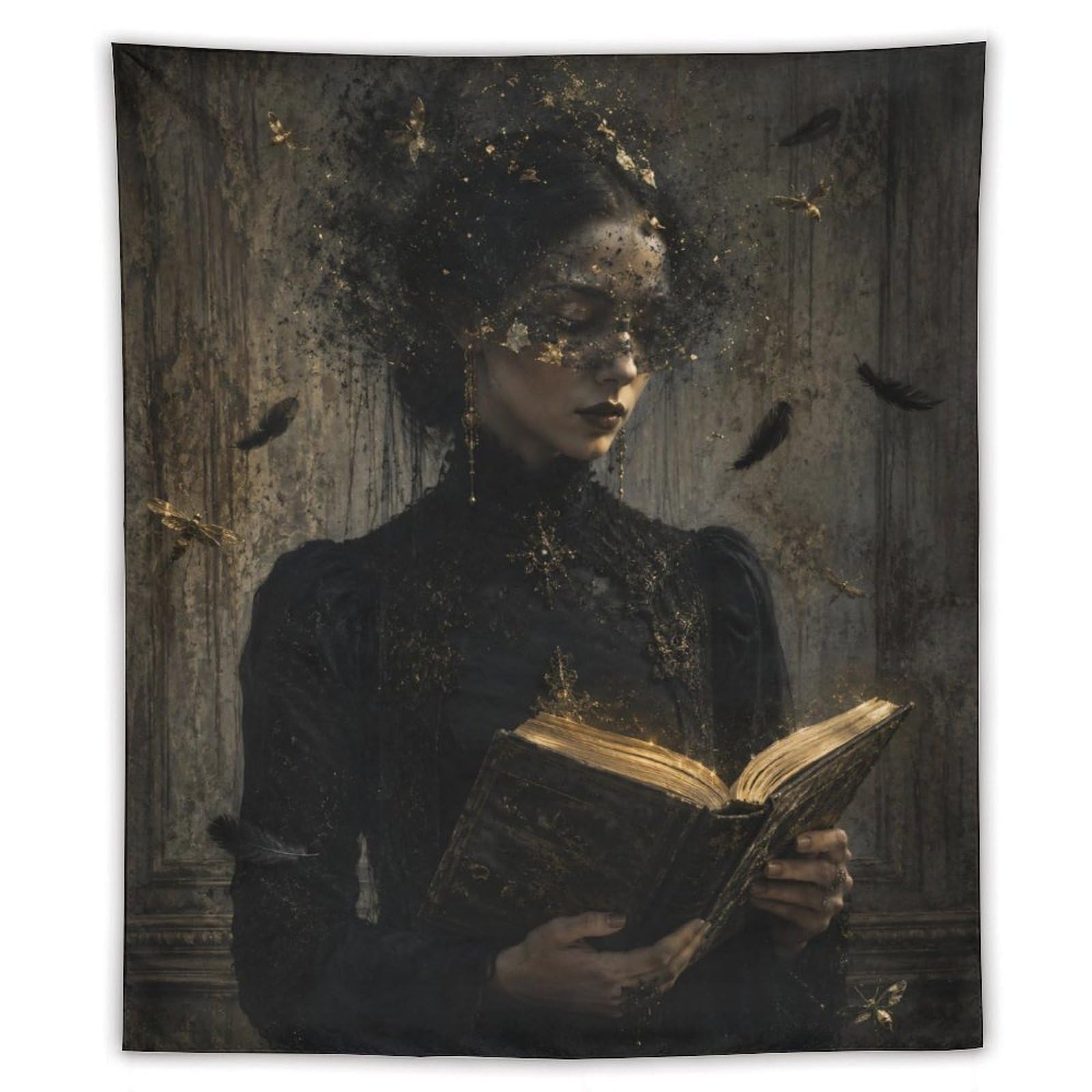 H3B8U2Y5 Dark Woman Reading Wall Tapestry, Oil Painting Style, Living Room