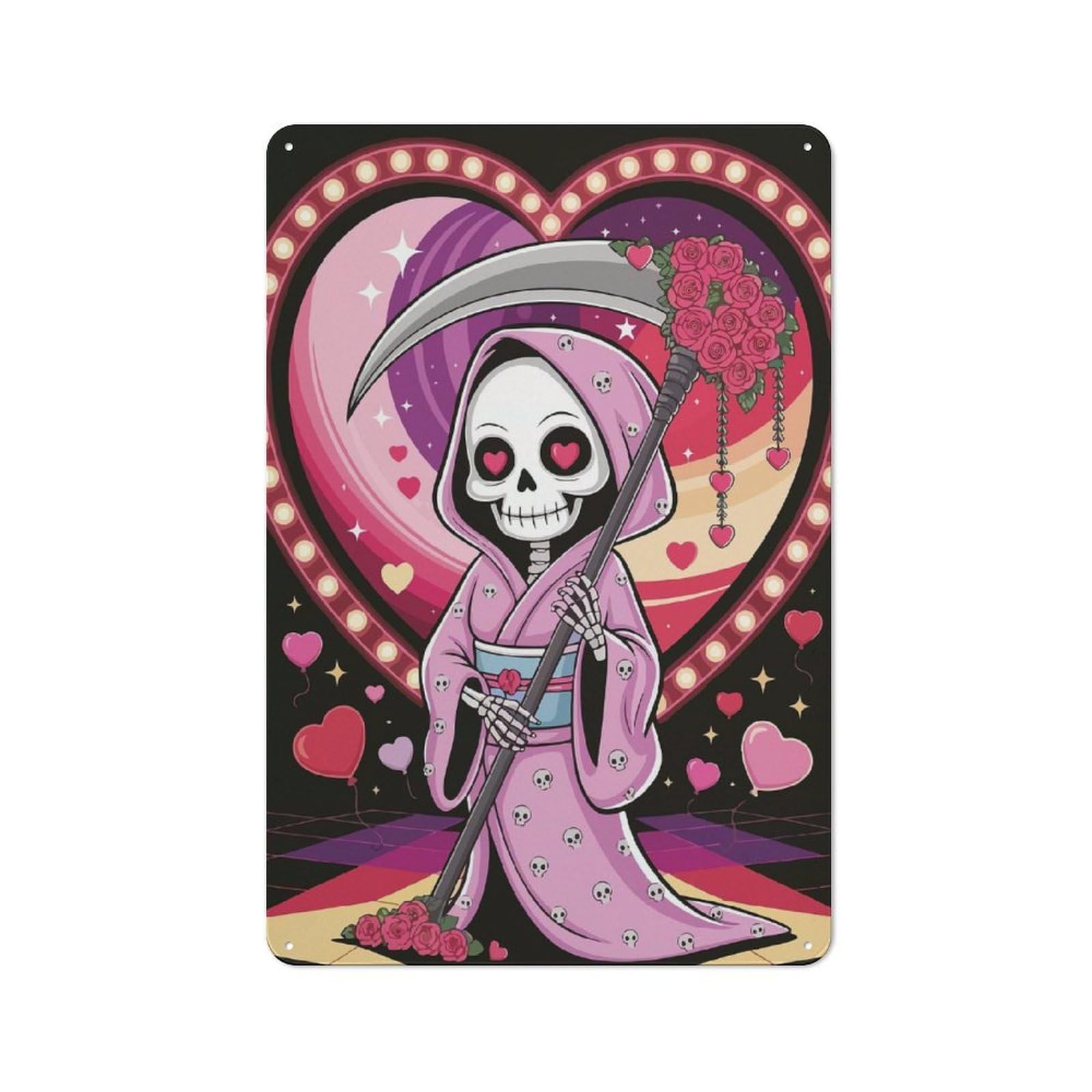 Junmoney Grim Reaper In Love Warehouse Style Metal Wall Decor 30X20cm, Industrial Metal Sign For Workspace, Cafe, Hallway Or Garage
