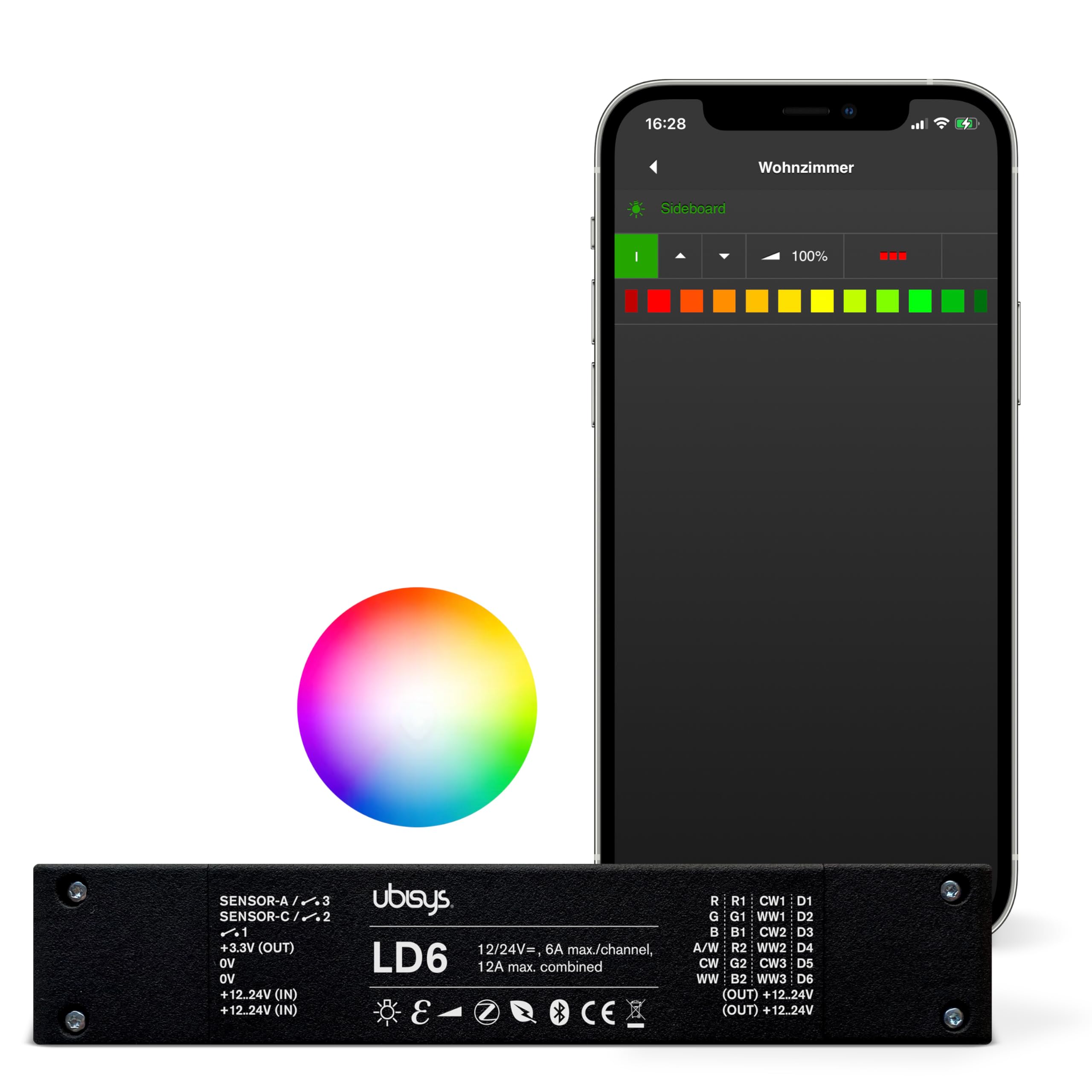 ubisys LED Controller LD6: Zigbee/Bluetooth, 12/24 V, RGBW, Tunable White or Monochrome, up to 6 Lights, 160x30,9x10 mm