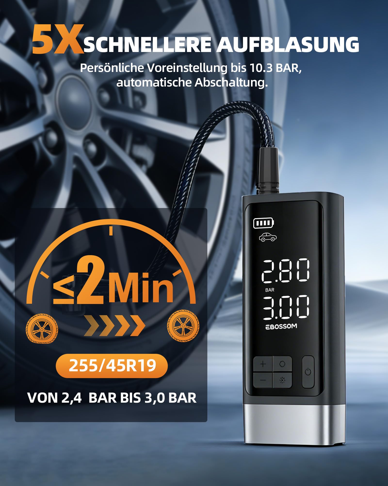 Tragbarer Luftkompressor 150PSI, Doppelzylinder-Luftpumpe mit Akku und 12V DC, Kompressor mit LED-Beleuchtung und automatischer Stoppfunktion für Auto, Pickup und Motorrad und Fahrrad
