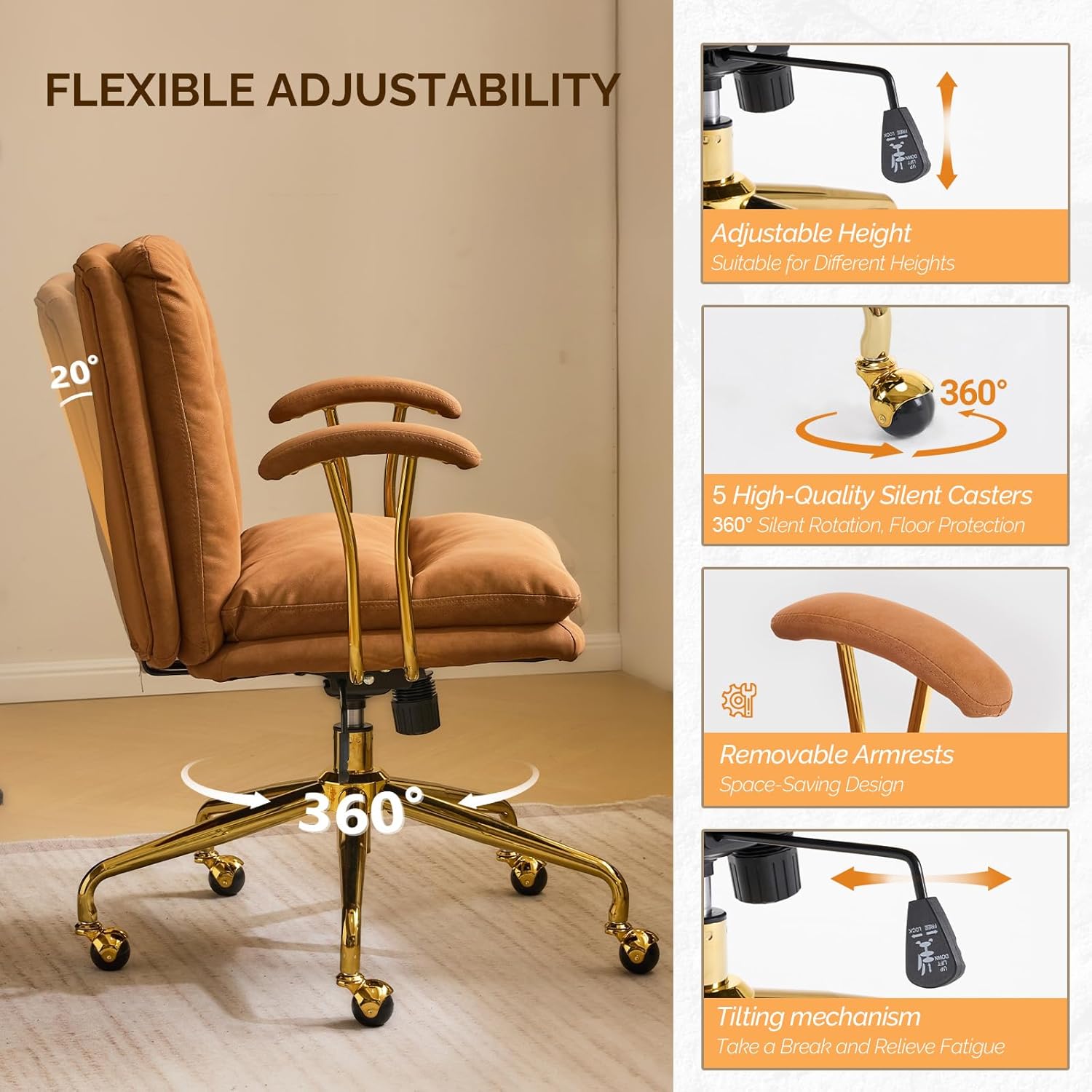 VINGLI Home Office Desk Chair Comfy with wheels&Removable Armrests,Gold Base Vanity Chair with Back,Adjustable Rolling Swivel Computer Task Chair for Study,Makeup,Office,Bedroom,Microfiber/Suede,Brown
