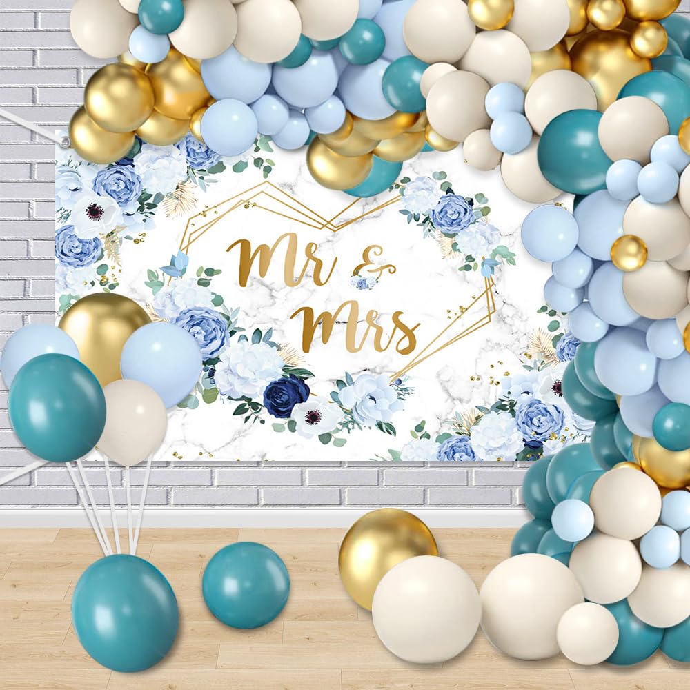 Photo 1 of MEHOFOND 170pcs Blue Wedding Balloon Garland Kit Blue Floral Heart Geometric Mr and Mrs Banner Dusty Blue White Sand and Gold Balloon Arch Kit Bridal Shower Anniversary Party Decorations