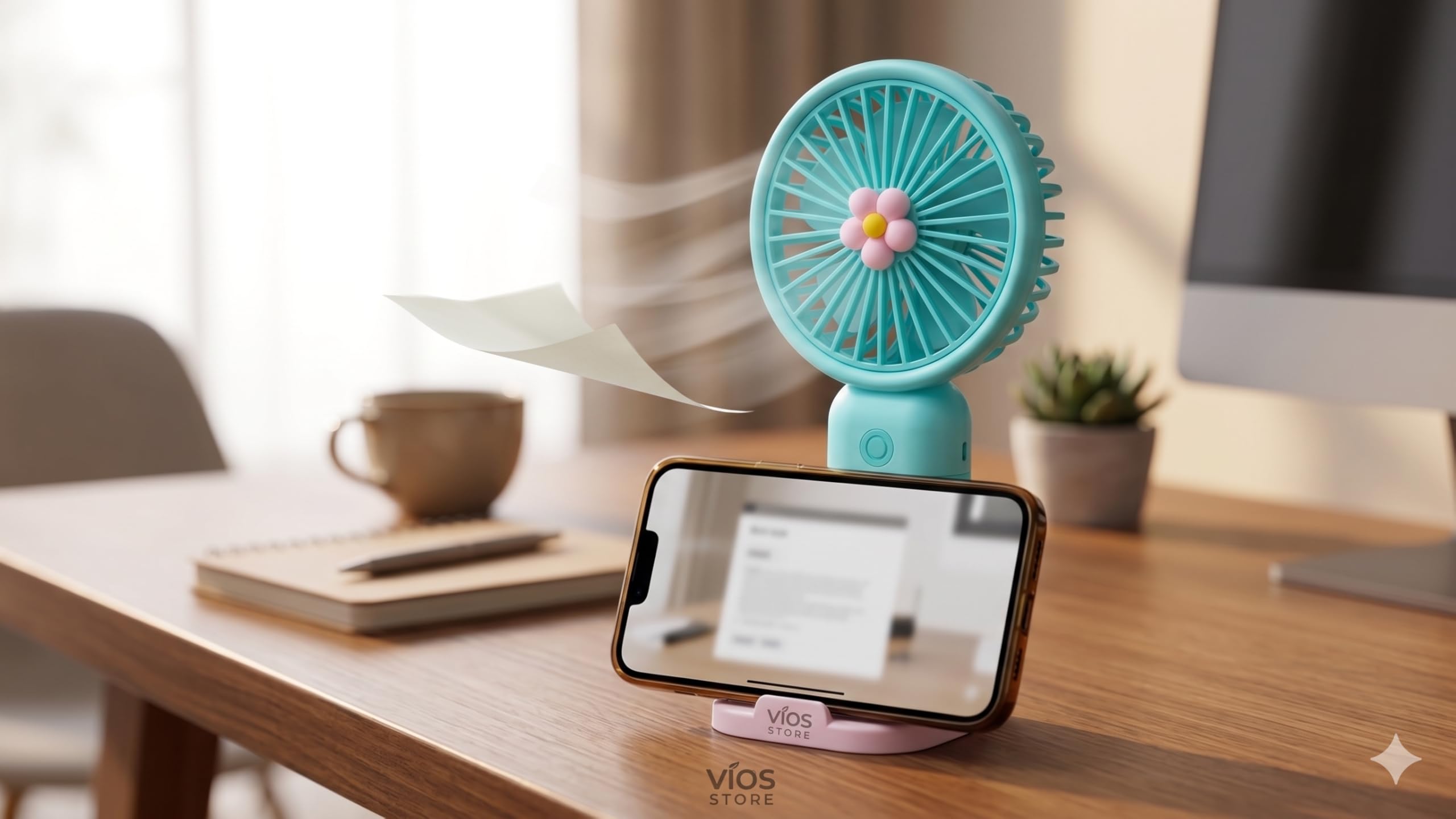 Vios Store Şarjlı El Fanı Taşınabilir Mini Vantilatör Masaüstü Sessiz Fan ve Telefon Tutucu Standlı 3 Kademeli Soğutucu Mini Vantilatör Karışık Renk