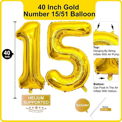 Miniatura 2 de Lovoir Globo dorado de 40 pulgadas con el número 51 de 15 dígitos gigantes, helio dorado para fiesta de cumpleaños de 15 y 51 años, suministros de