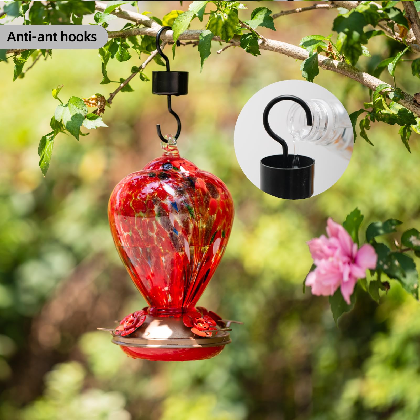 Regalos para mamá, comederos de colibríes de vidrio soplado a mano de 34 onzas para colgar al aire libre, con comederos para colibríes de hormigas, decoración de porche y patio 2