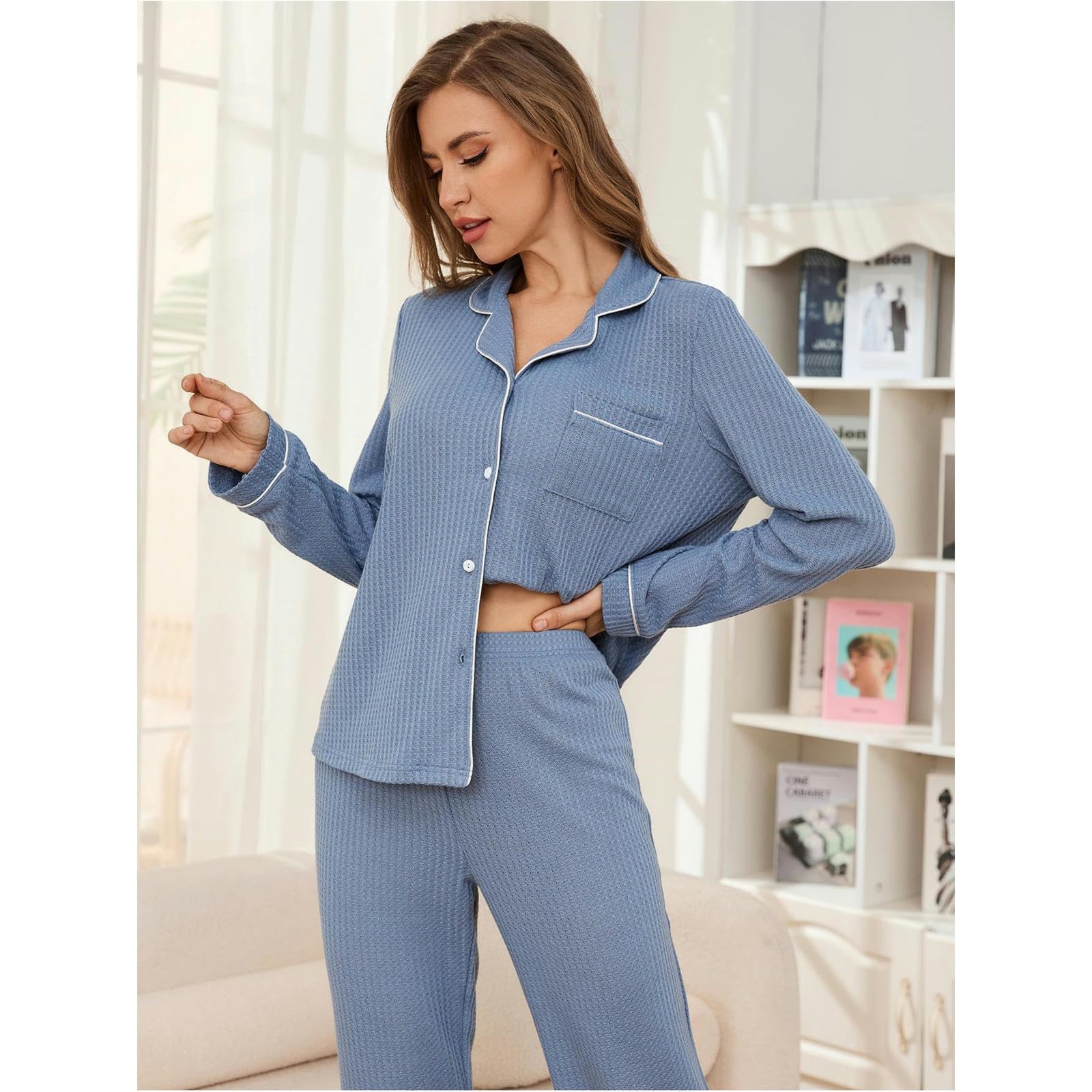 Pigiama Donna Cotone Autunno da Donna Autumn E Inverno A Maniche Lunghe Pantaloni Lunghi Pantaloni in Due Pezzi di Pigiama-hf13-blu-l