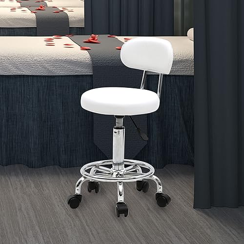Miniatura 6 de Goujxcy Taburete multiusos para salón, taburete giratorio ajustable con cojín trasero y ruedas, perfecto para salón de belleza, spa, tatuaje,