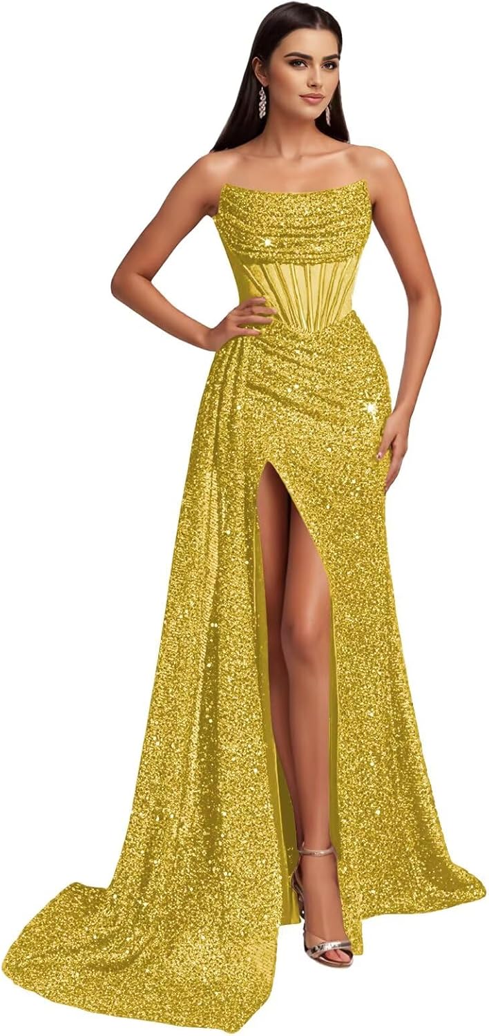 Sparkly Sequin Prom Dresses for Women Mermaid Strapless Pleated Evening Dress with Slit