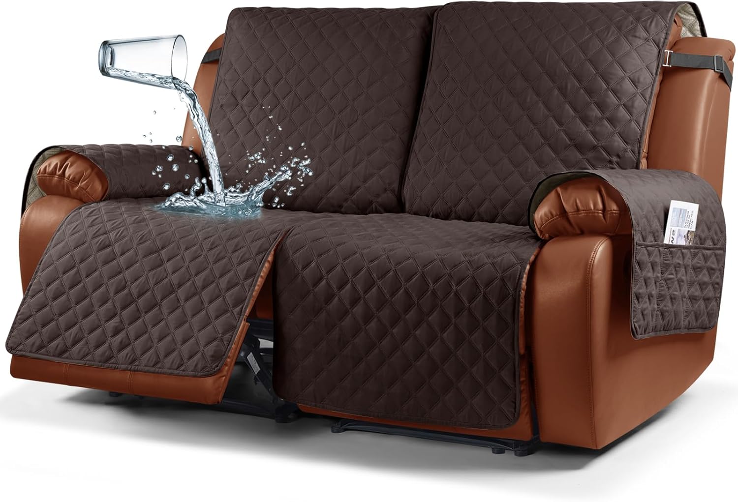 Ruaozz Waterproof Recliner Sofa Cover 1-Piece Couch Covers for Reclining Couches Reclining Sofa Cover Washable Furniture Protector with Elastic Straps Pocket for Kids, Pets (Chocolate, XL 2 Seater)