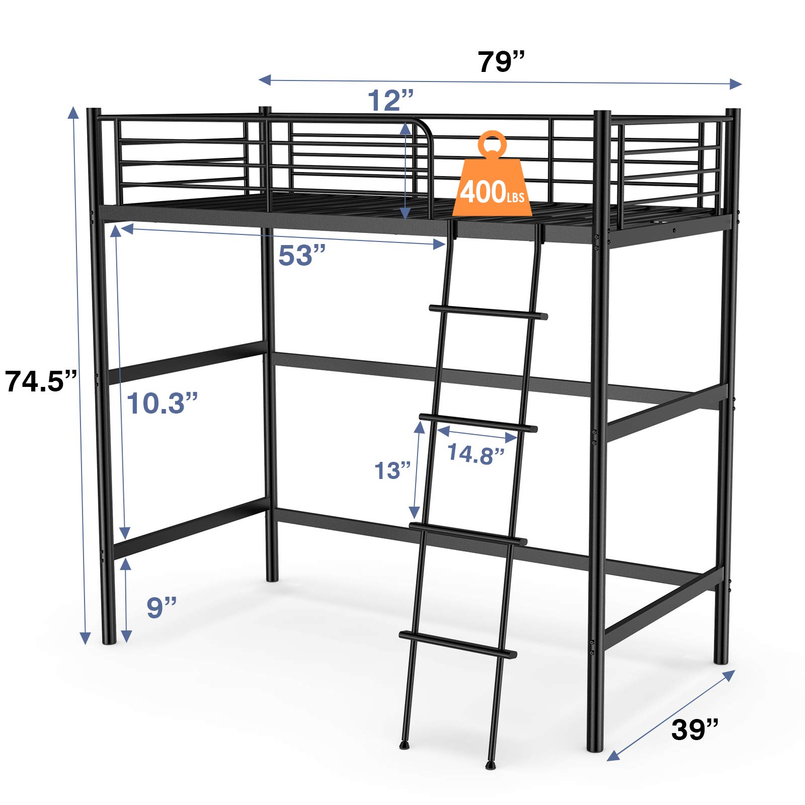 Noillats Metal Twin Loft Bed with Flexible Ladder, Secure Loft Bed
