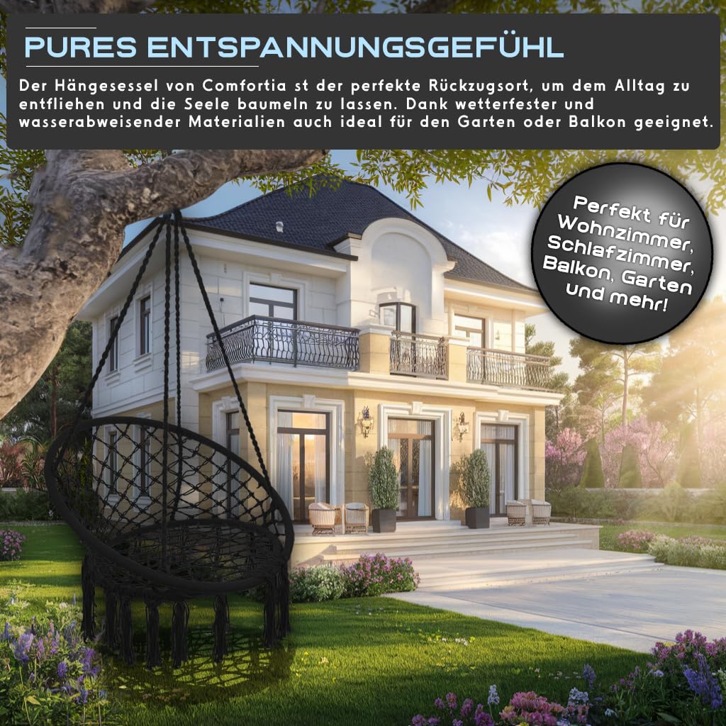 Hängesessel 200kg zum Aufhängen | Schaukelkorb | Hängekorb wetterfest | Hängestuhl Indoor & Outdoor (Schwarz)