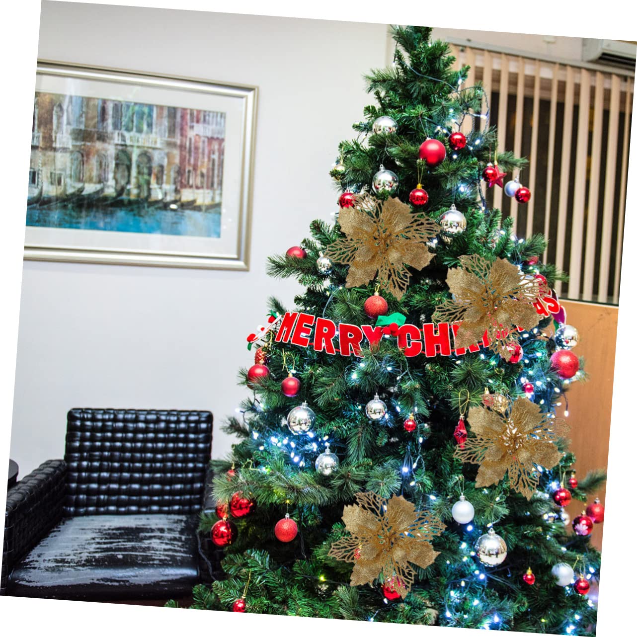 Abaodam 36 Piezas De Flores De Pascua con Purpurina Huecas Artificiales para Decorar El Árbol De Navidad Fáciles De Hacer.