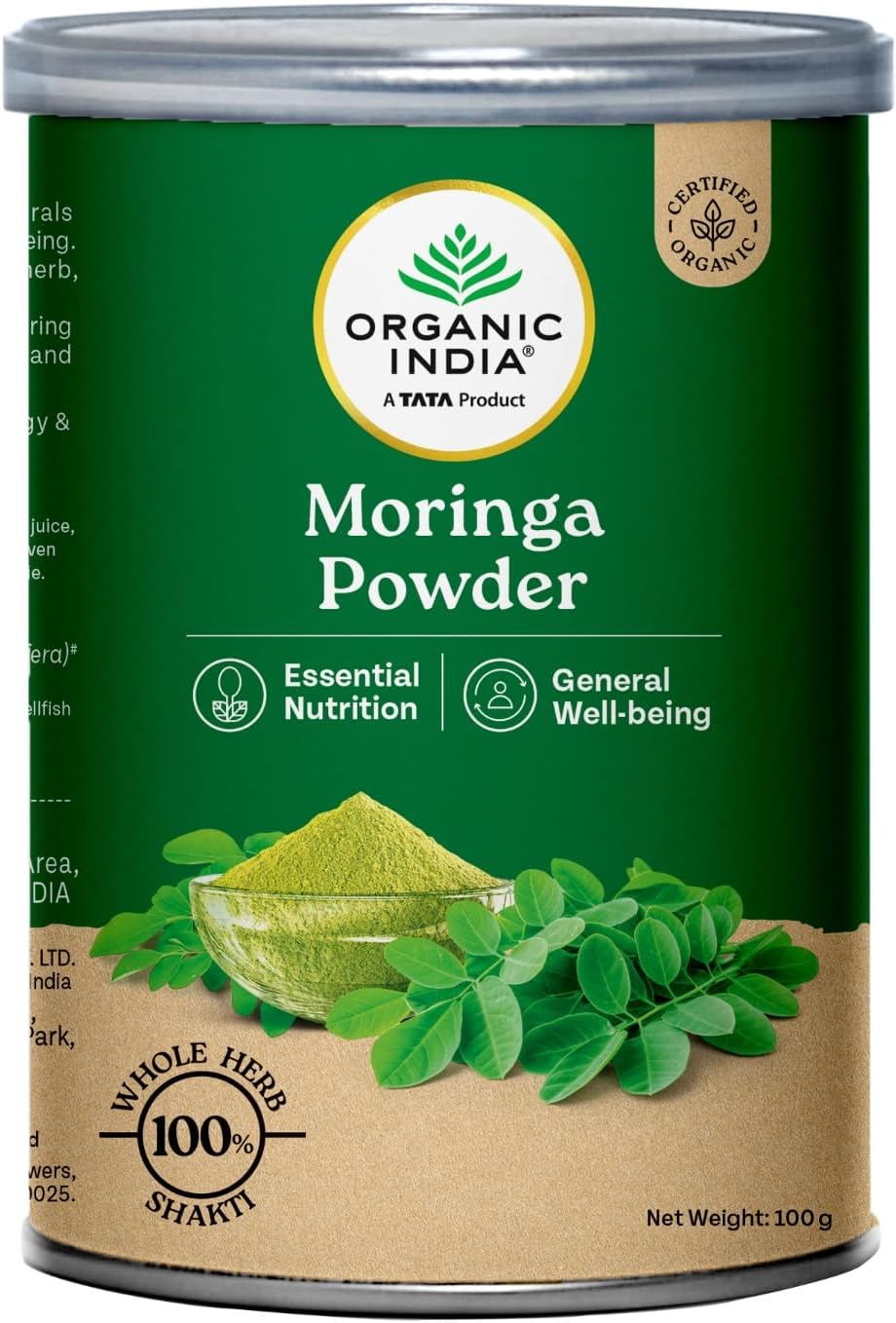 A TATA Product - Organic India Moringa Powder - 100g, Essential Nutrition Superfood, Helps Naturally Boost Energy Levels, Improves Stamina & Vitality, Rich In Vitamins & Minerals