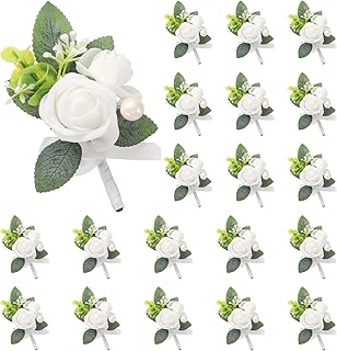 uxcell 20pcs White Boutonnieres for Men, Artificial Flower Buttonholes Pocket Corsage with Boutonnieres Pins for Wedding Bride Groom Ceremony Anniversary Formal Party
