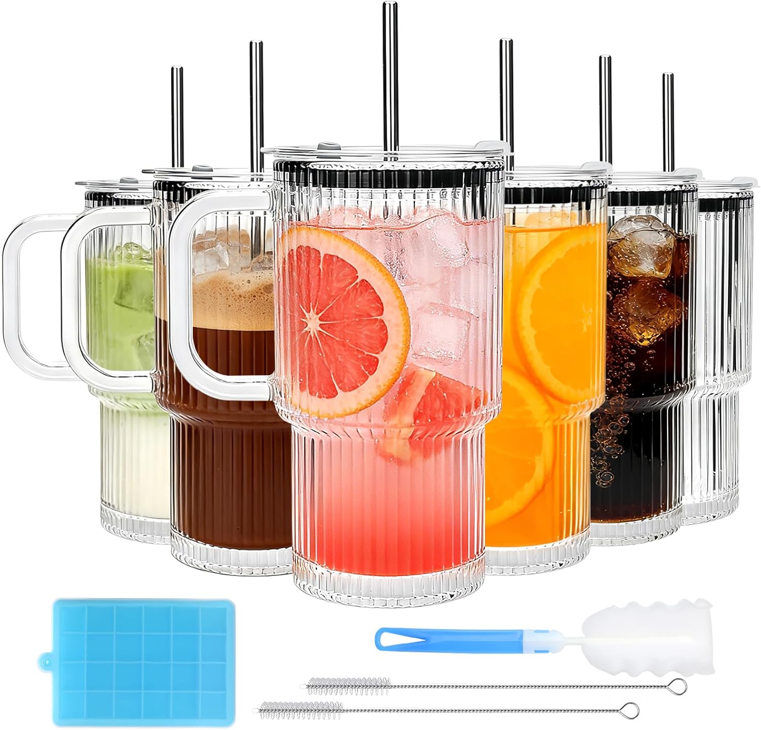 Accguan 6Pack 20oz Ribbed Glass Tumbler with Straw and Lid,Glass Cup with Handle,Reusable lced Coffee Cups with lids-Glass Cups with Lids for Smoothie,Coffee,Juice,Tea,Travel Mug,Cold & Hot Beverages
