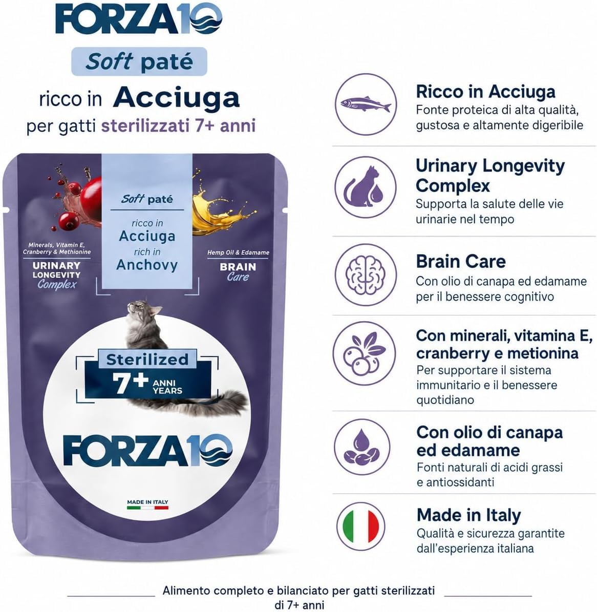 Soft Patè Gatto Acciuga 7 anni sterilized– Forza10 Cibo Umido per Gatti Anziani sterilizzati di tutte le Taglie e Razze,Monoproteico,24 Bustine x 80g, Alimento Completo.