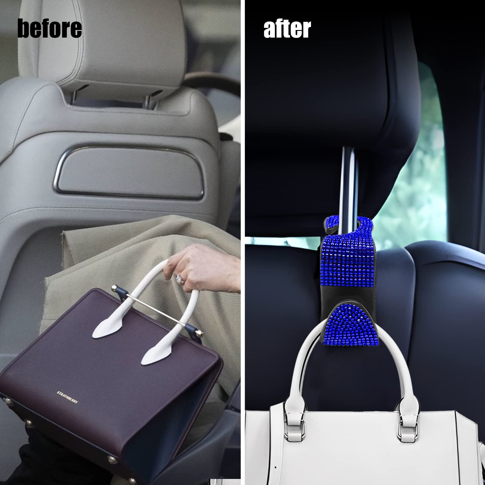OSIFIT 2-Piece Bling Car Seat Hooks – Rhinestone Decor & Organizer For Purses, Bags & More | Holds Up To 45 Lbs