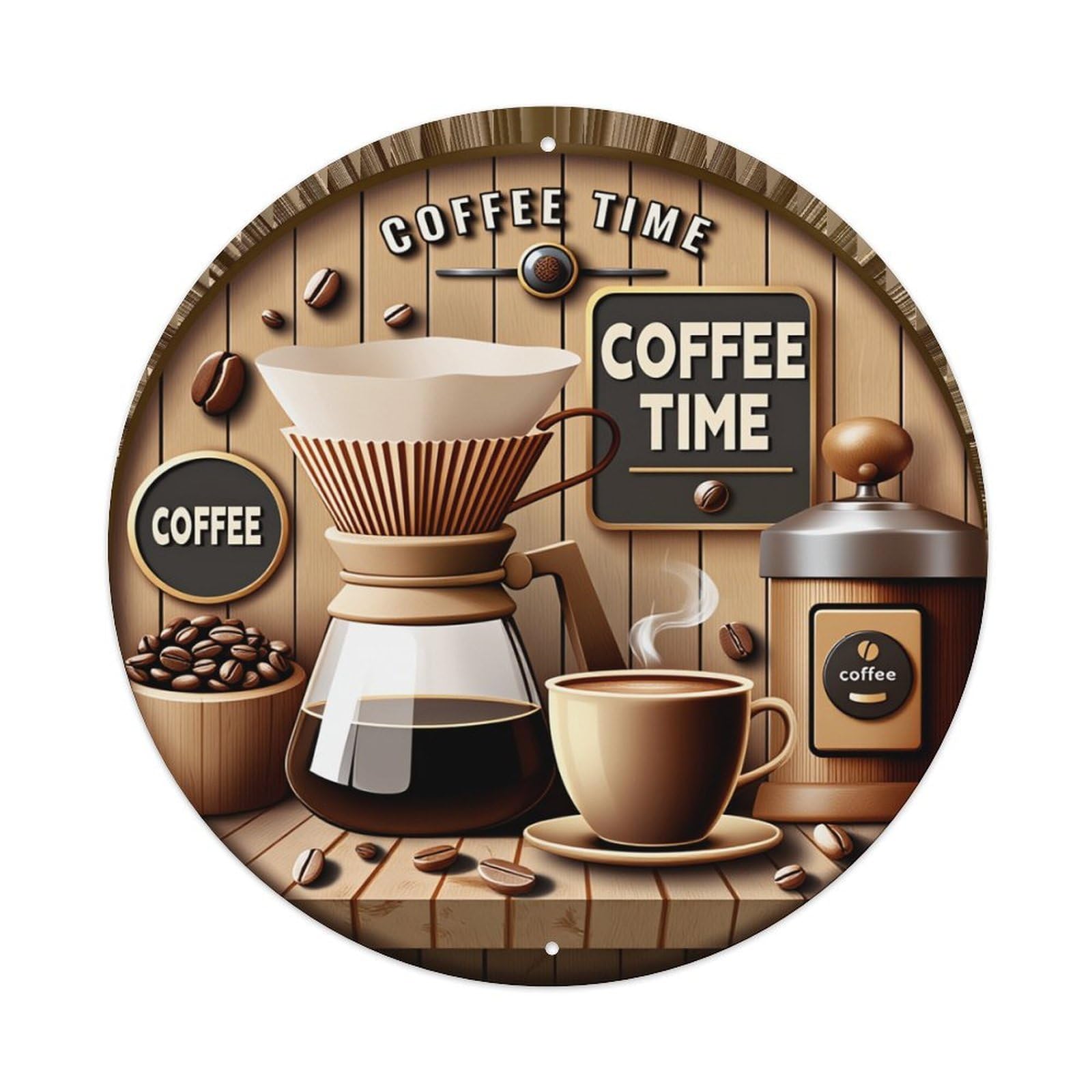 Coffee Time Coffee Beans Drip Brew Cup Round Tin Sign Retro Metal Sign for Cafe Bar Pub Home Game Room Gym Club Wall Decoration Vintage Metal Poster 8x8 Inch