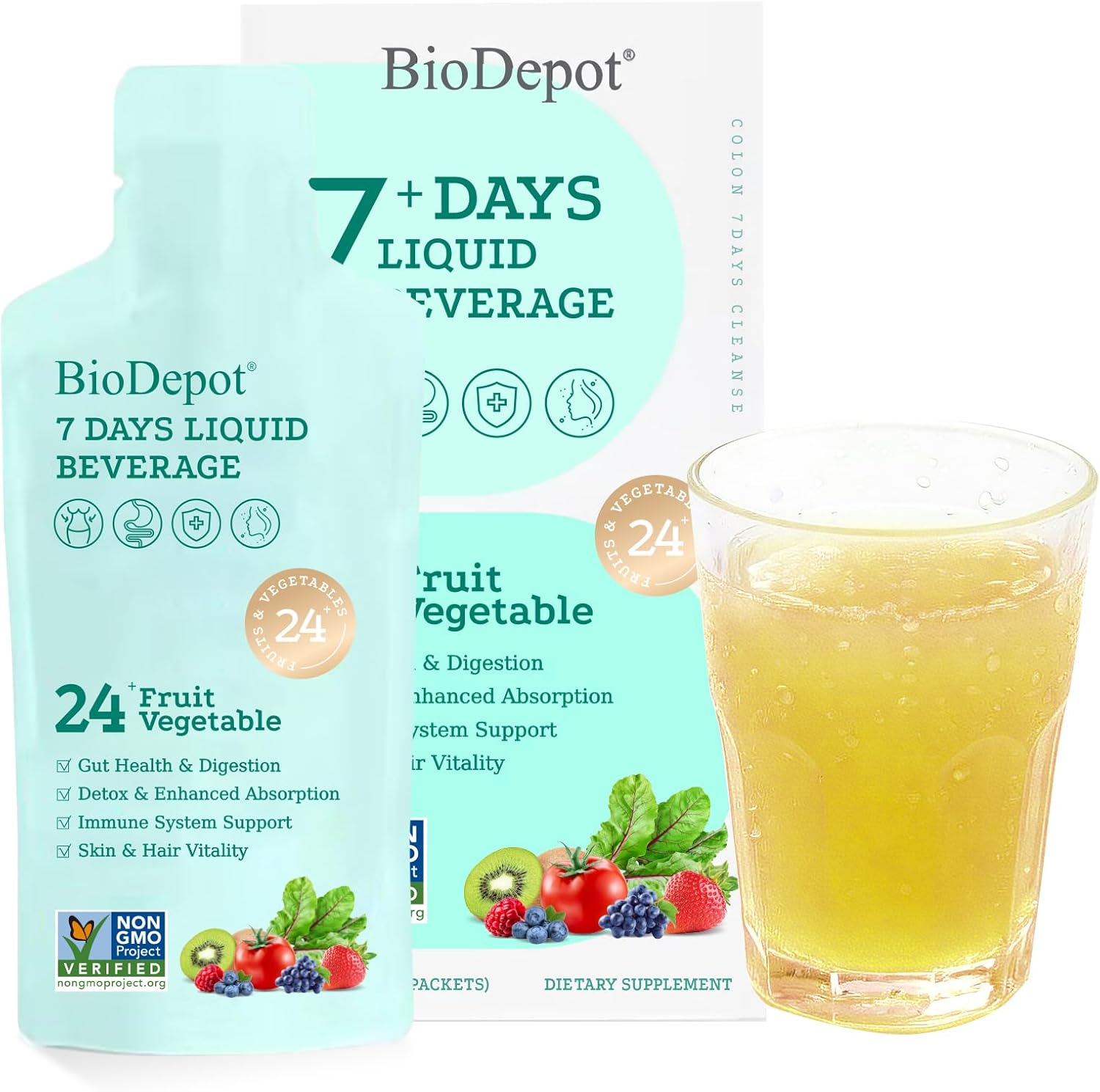 7 Days Colon Cleanse Liquid Beverage Gut Health Detox & Clean for Women & Men, 24 Fruit Vegetable Complex Probiotic Drink for Bowel Movements, Immune Support, Gut Flora Improvemen Supplement