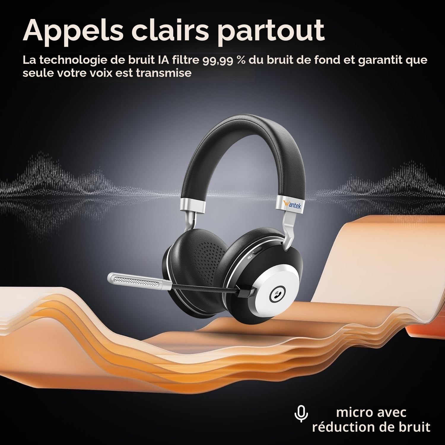 Wanteck Casque Bluetooth sans Fil avec ANC & USB Dongle, Bluetooth 5.3, 45h Autonomie – Idéal pour Bureau, Télétravail, Centre d'appel & Visioconférences | Réduction Active du Bruit